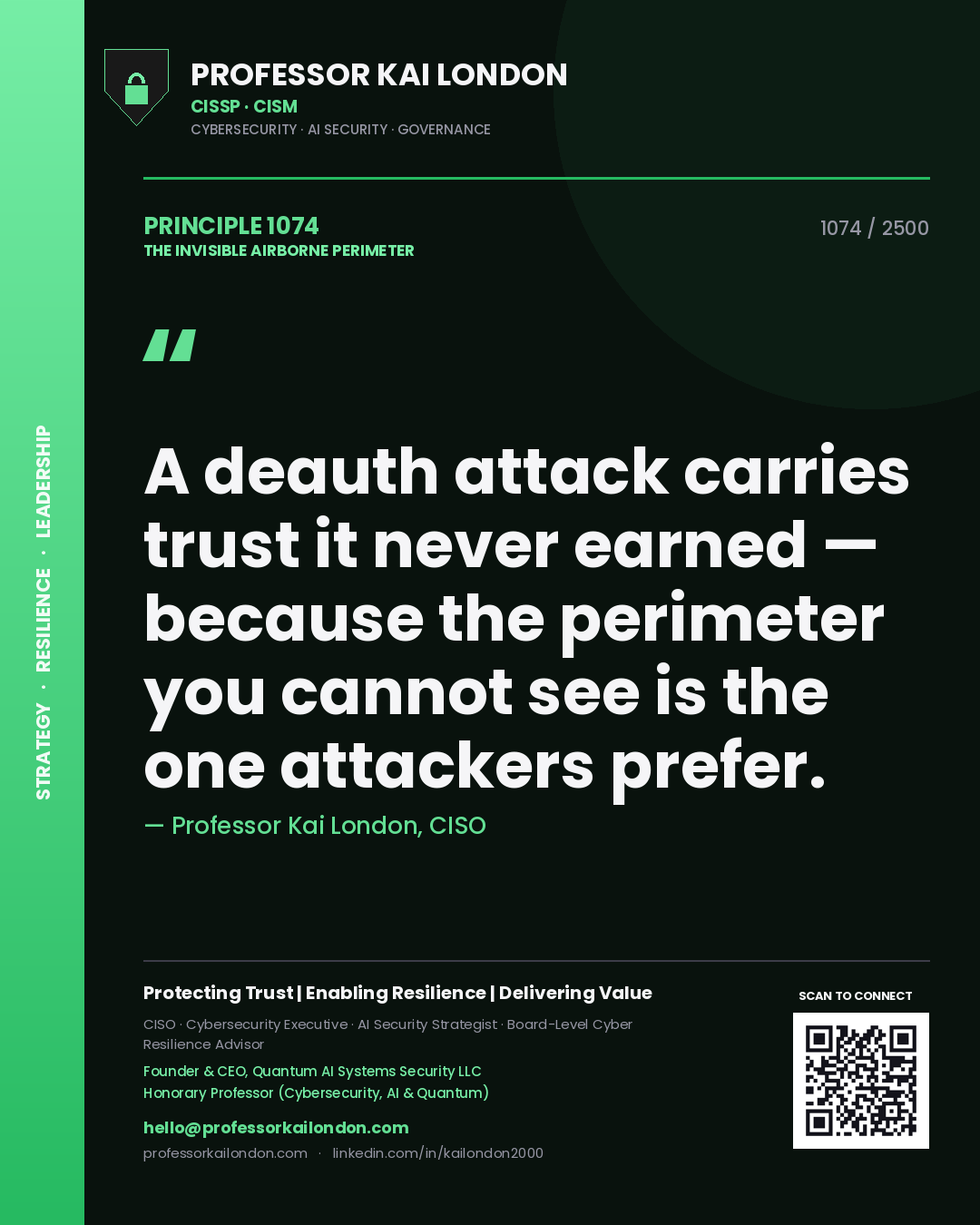 Quote card by Professor Kai London reading 'A deauth attack carries trust it never earned — because the perimeter you cannot see is the one attackers prefer.'. From the book The Invisible Airborne Perimeter.