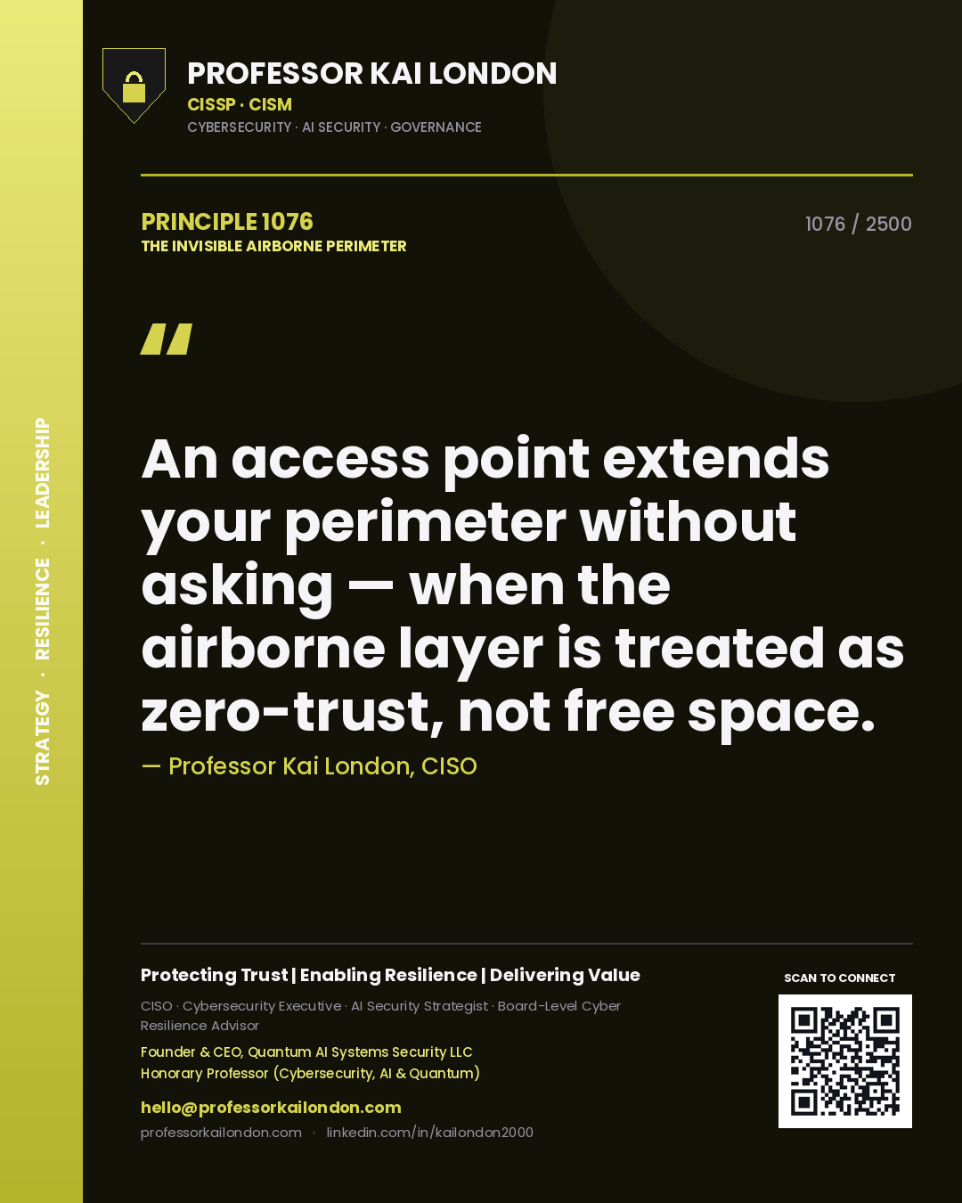 Quote card by Professor Kai London reading 'An access point extends your perimeter without asking — when the airborne layer is treated as zero-trust, not free space.'. From the book The Invisible Airborne Perimeter.
