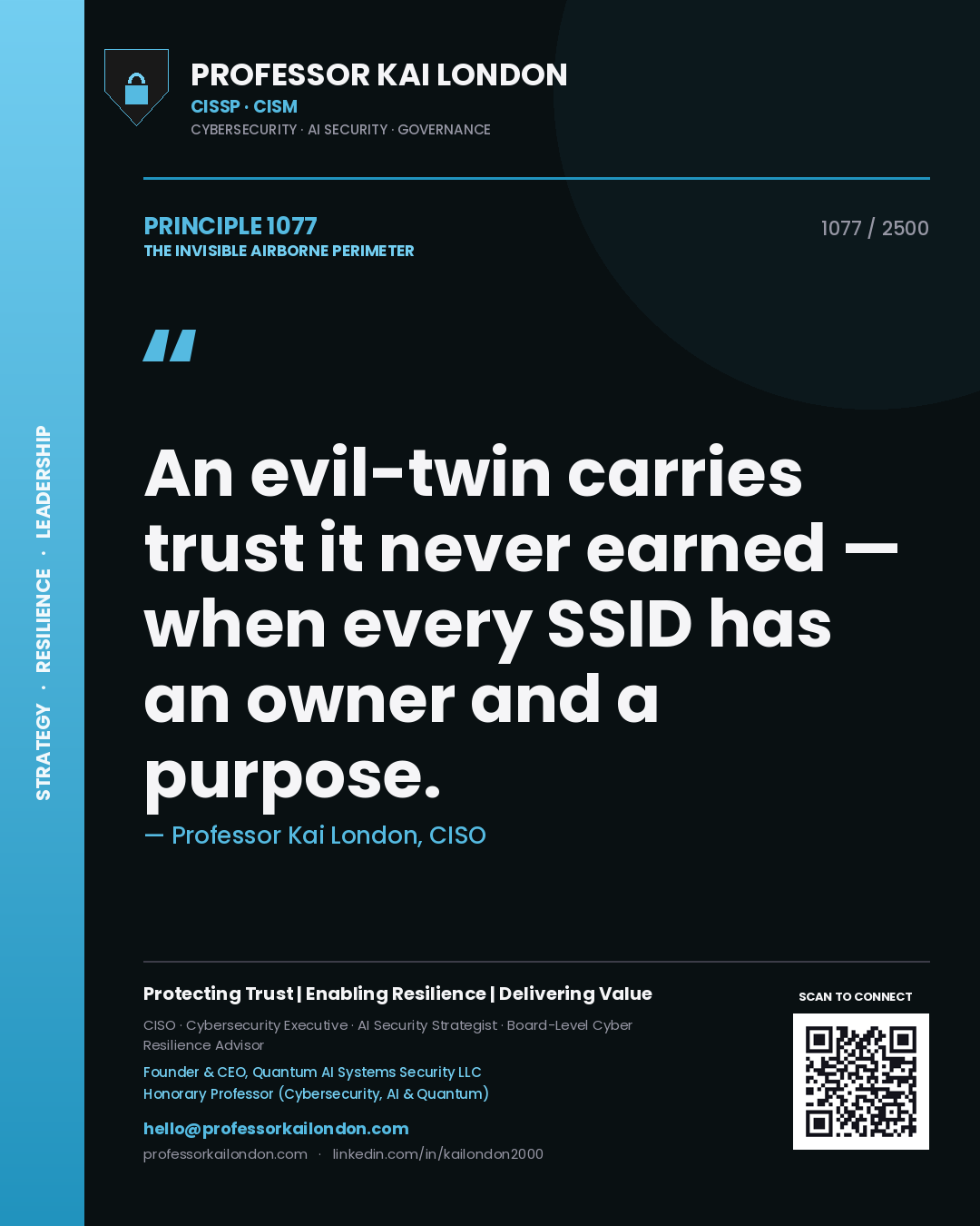Quote card by Professor Kai London reading 'An evil-twin carries trust it never earned — when every SSID has an owner and a purpose.'. From the book The Invisible Airborne Perimeter.