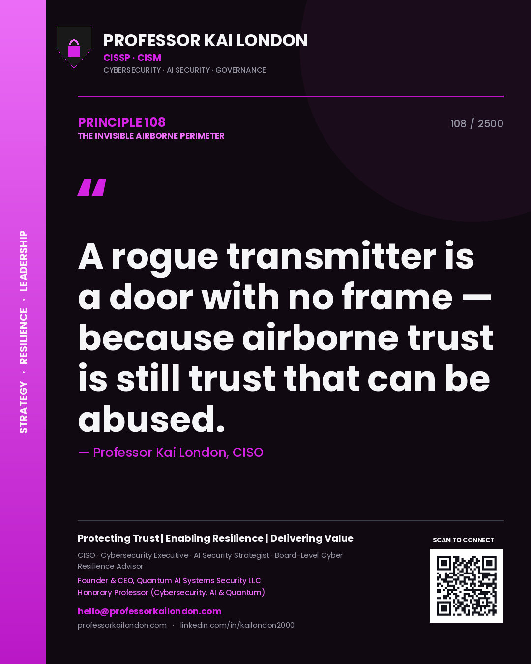 Quote card by Professor Kai London reading 'A rogue transmitter is a door with no frame — because airborne trust is still trust that can be abused.'. From the book The Invisible Airborne Perimeter.