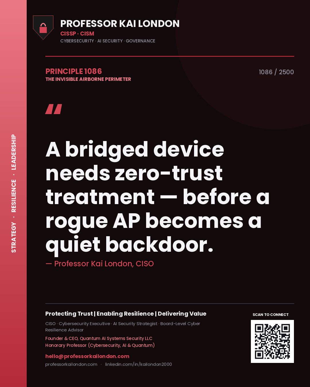 Quote card by Professor Kai London reading 'A bridged device needs zero-trust treatment — before a rogue AP becomes a quiet backdoor.'. From the book The Invisible Airborne Perimeter.