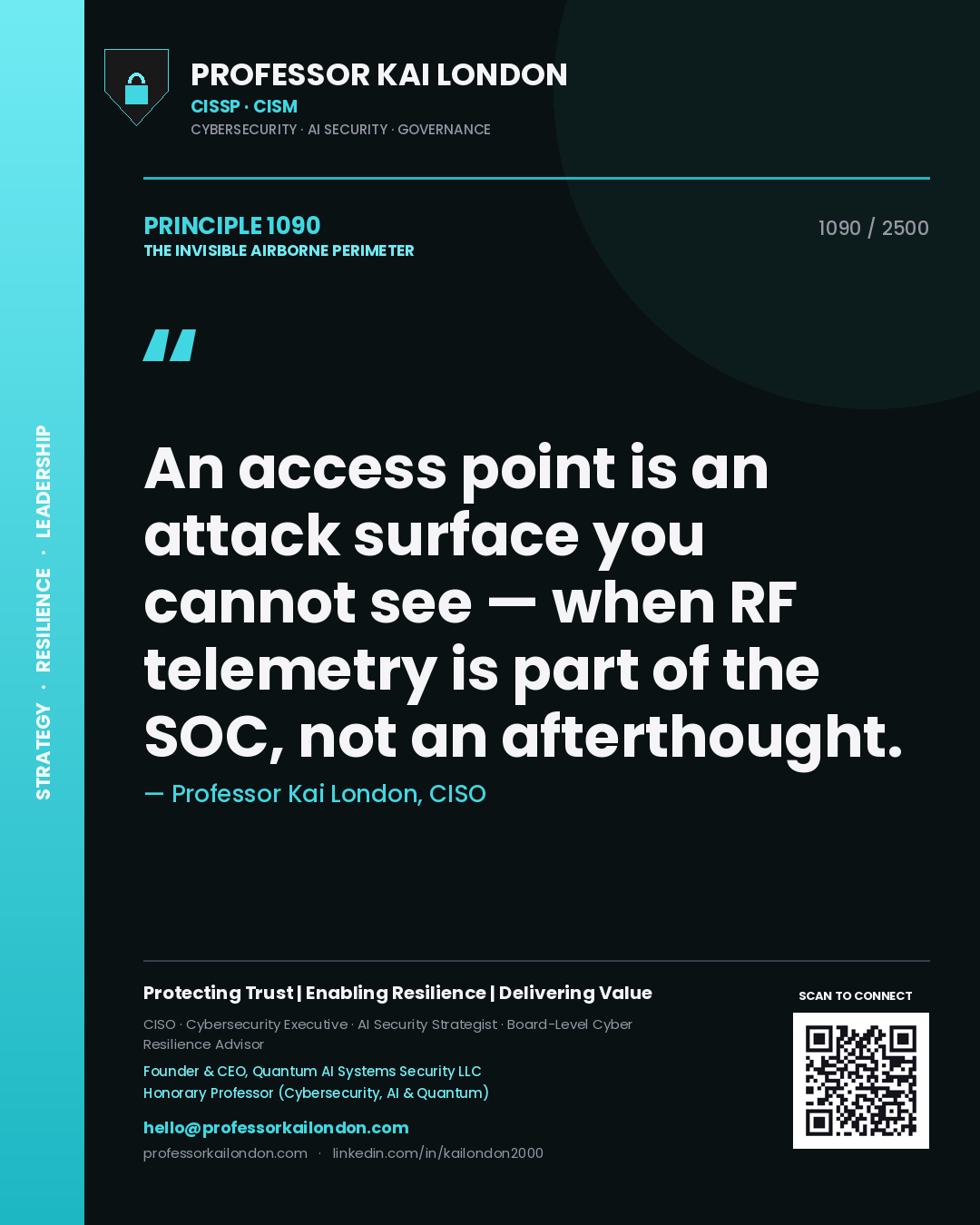 Quote card by Professor Kai London reading 'An access point is an attack surface you cannot see — when RF telemetry is part of the SOC, not an afterthought.'. From the book The Invisible Airborne Perimeter.