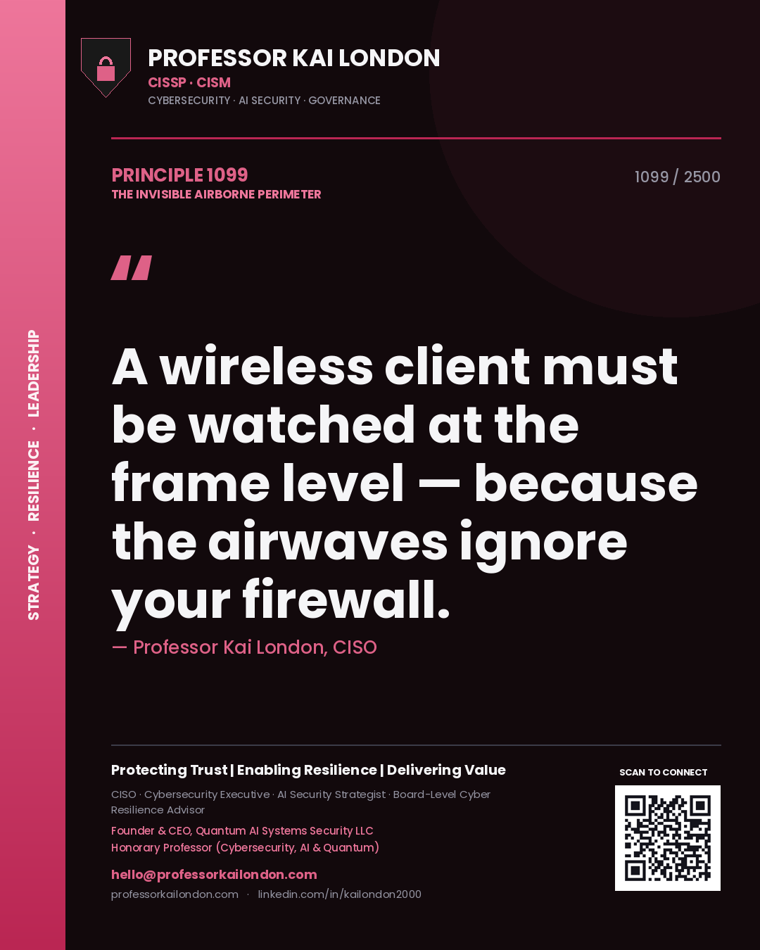 Quote card by Professor Kai London reading 'A wireless client must be watched at the frame level — because the airwaves ignore your firewall.'. From the book The Invisible Airborne Perimeter.