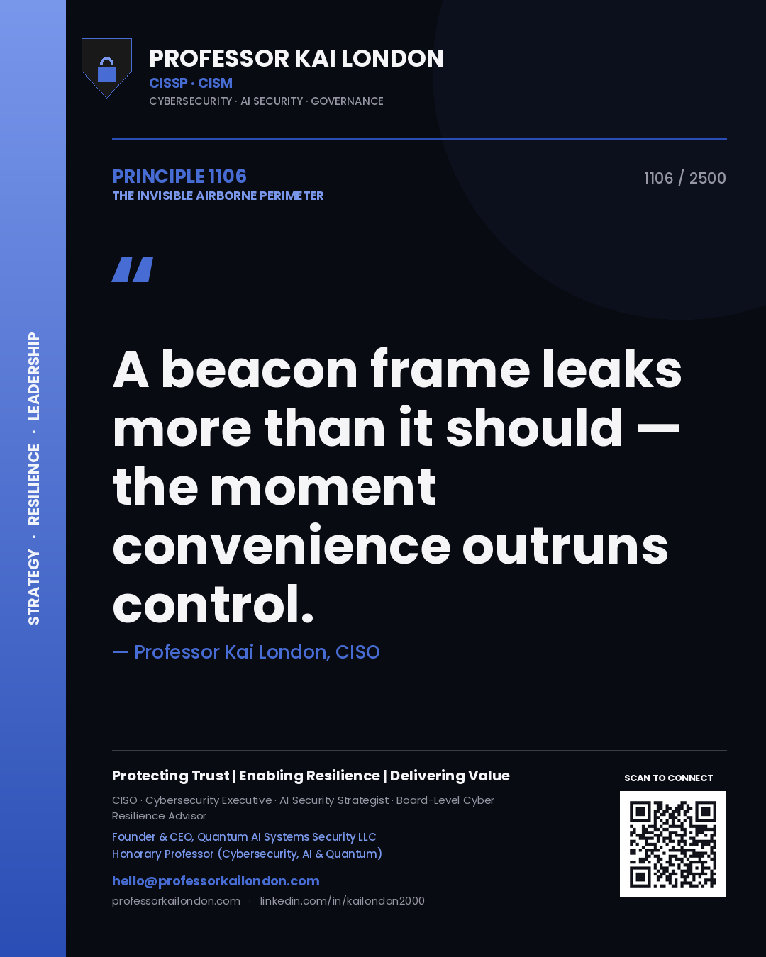 Quote card by Professor Kai London reading 'A beacon frame leaks more than it should — the moment convenience outruns control.'. From the book The Invisible Airborne Perimeter.