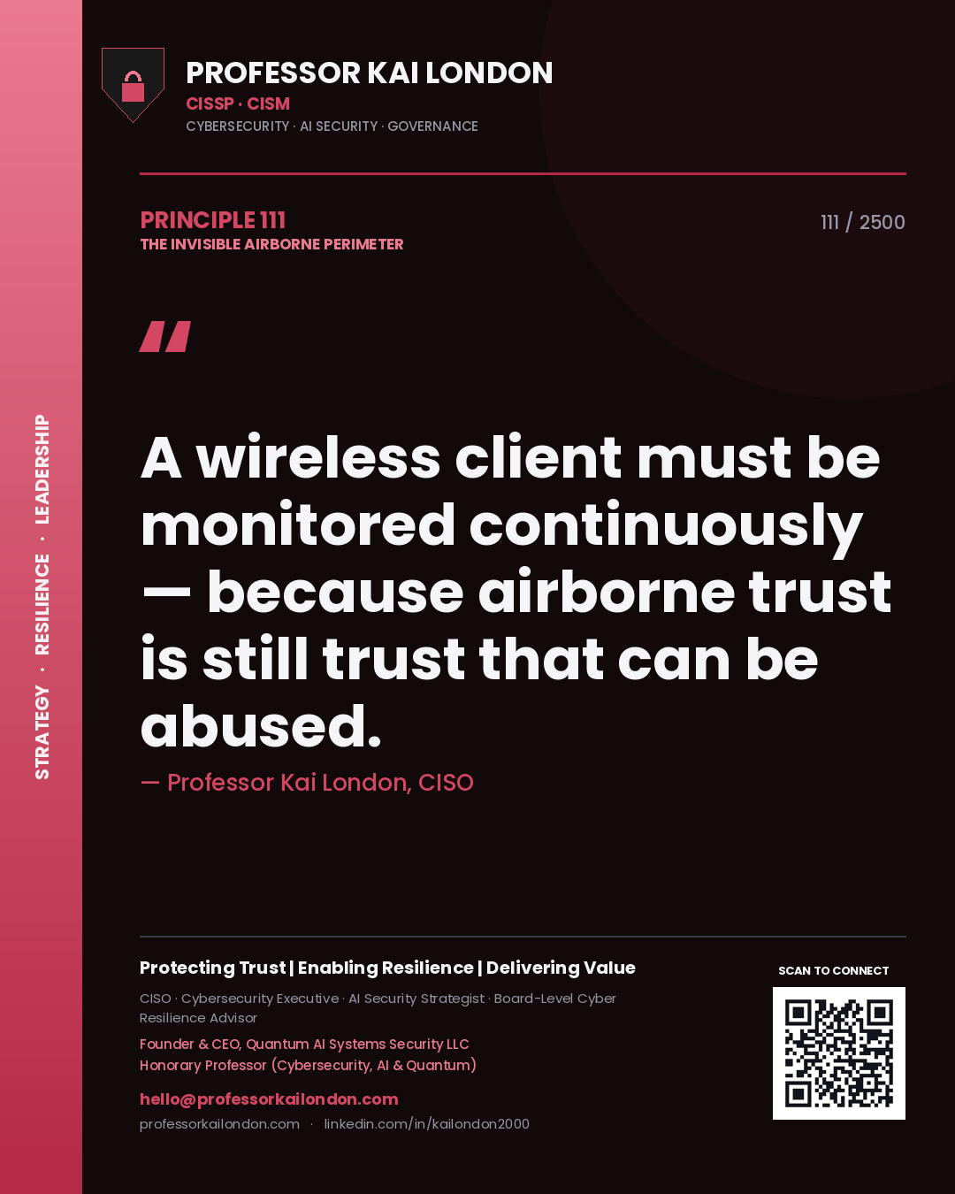 Quote card by Professor Kai London reading 'A wireless client must be monitored continuously — because airborne trust is still trust that can be abused.'. From the book The Invisible Airborne Perimeter.