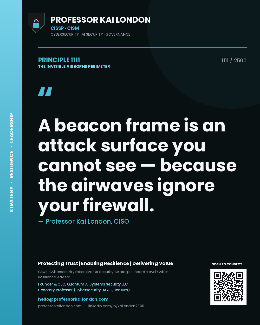 Quote card by Professor Kai London reading 'A beacon frame is an attack surface you cannot see — because the airwaves ignore your firewall.'. From the book The Invisible Airborne Perimeter.
