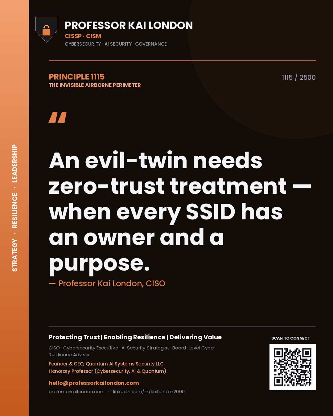 Quote card by Professor Kai London reading 'An evil-twin needs zero-trust treatment — when every SSID has an owner and a purpose.'. From the book The Invisible Airborne Perimeter.