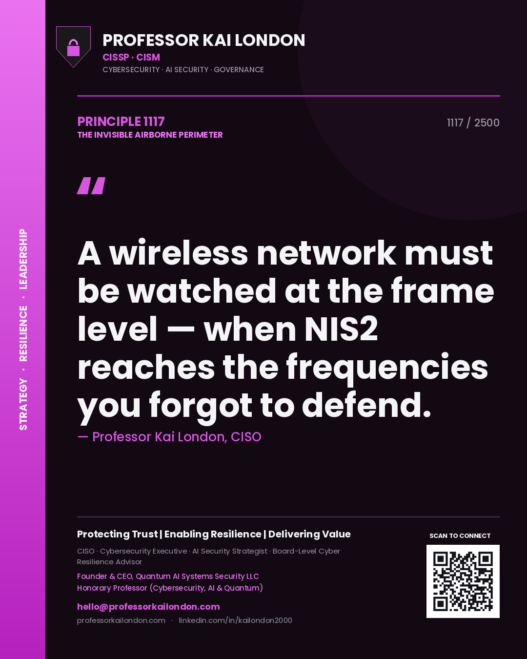 Quote card by Professor Kai London reading 'A wireless network must be watched at the frame level — when NIS2 reaches the frequencies you forgot to defend.'. From the book The Invisible Airborne Perimeter.