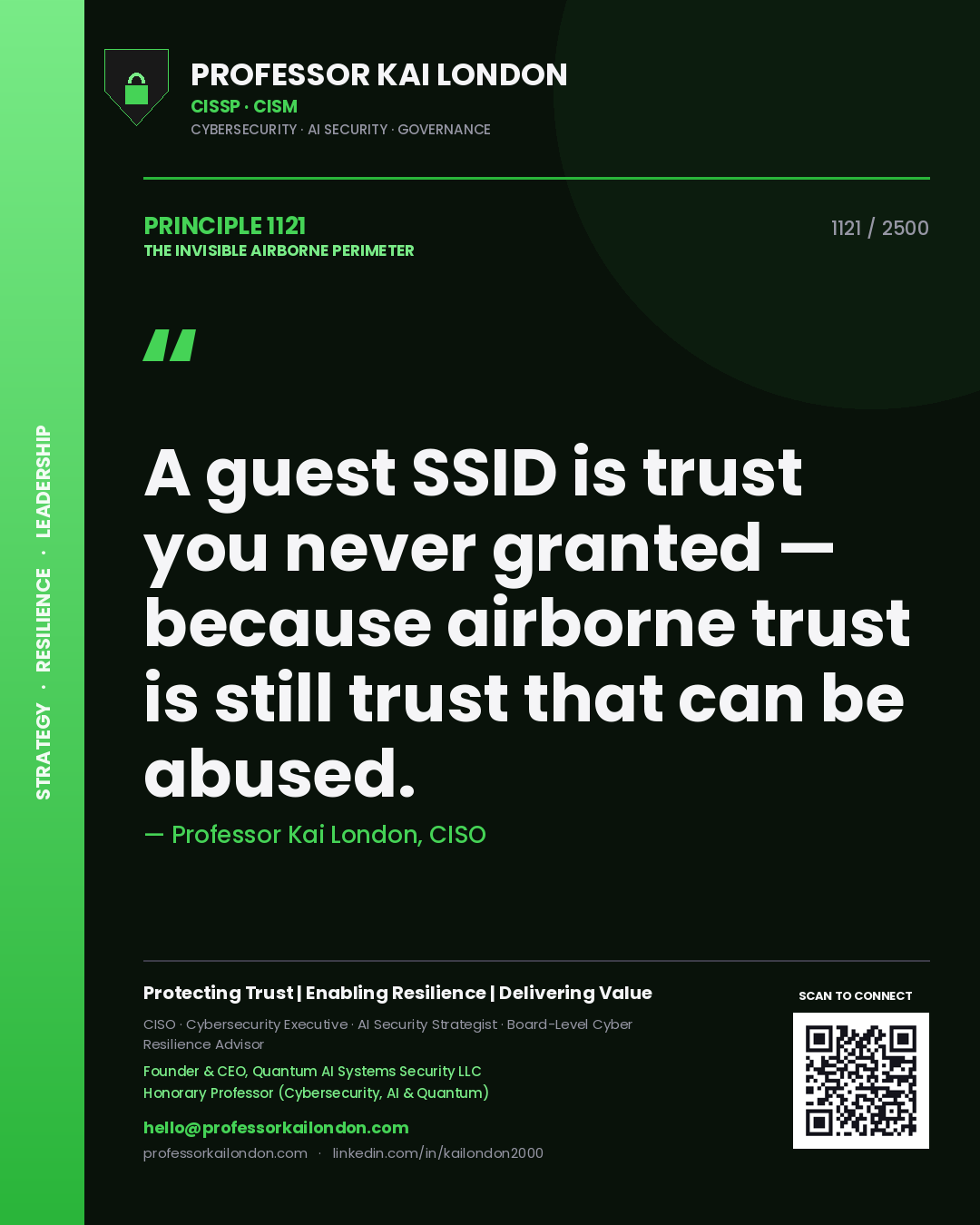 Quote card by Professor Kai London reading 'A guest SSID is trust you never granted — because airborne trust is still trust that can be abused.'. From the book The Invisible Airborne Perimeter.