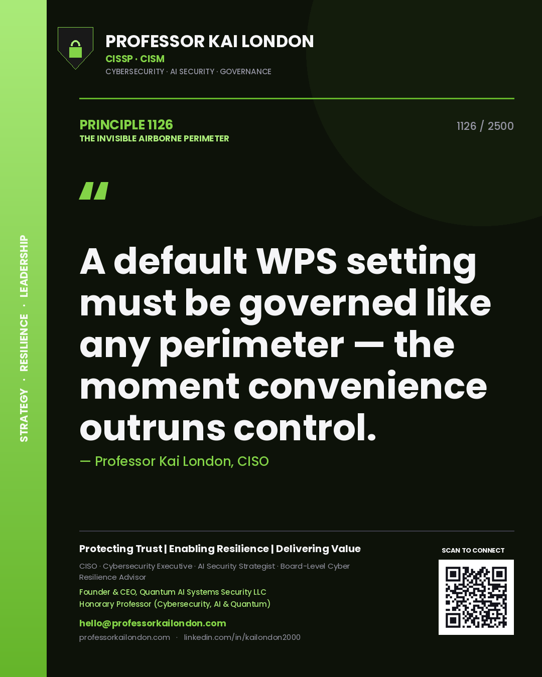 Quote card by Professor Kai London reading 'A default WPS setting must be governed like any perimeter — the moment convenience outruns control.'. From the book The Invisible Airborne Perimeter.