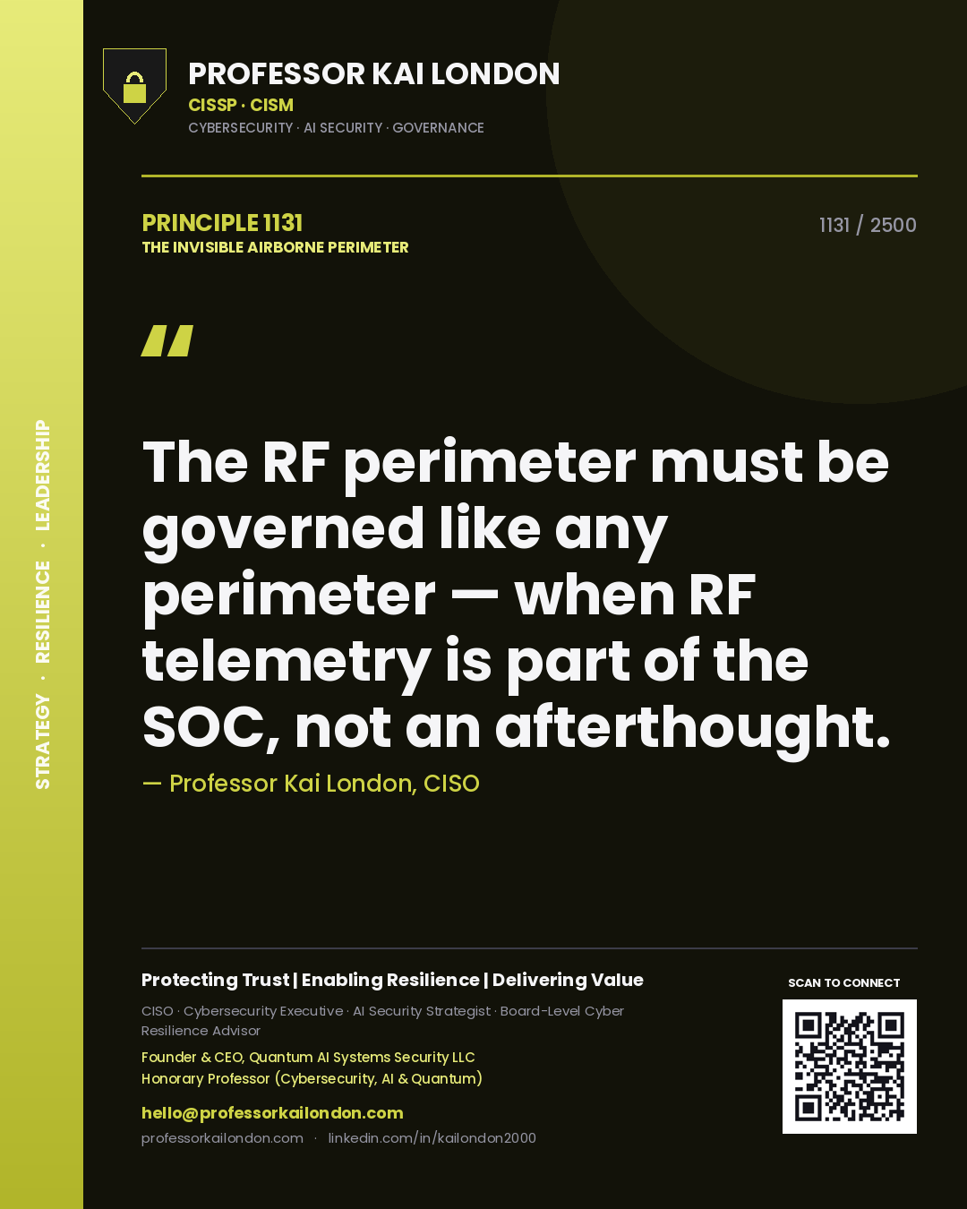Quote card by Professor Kai London reading 'The RF perimeter must be governed like any perimeter — when RF telemetry is part of the SOC, not an afterthought.'. From the book The Invisible Airborne Perimeter.