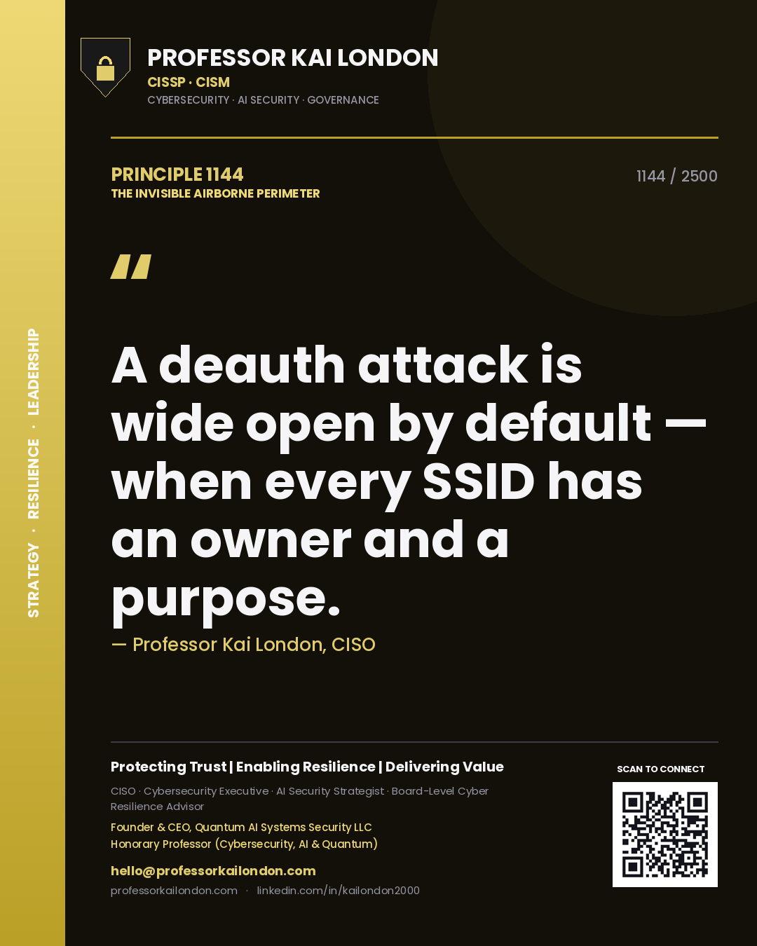 Quote card by Professor Kai London reading 'A deauth attack is wide open by default — when every SSID has an owner and a purpose.'. From the book The Invisible Airborne Perimeter.