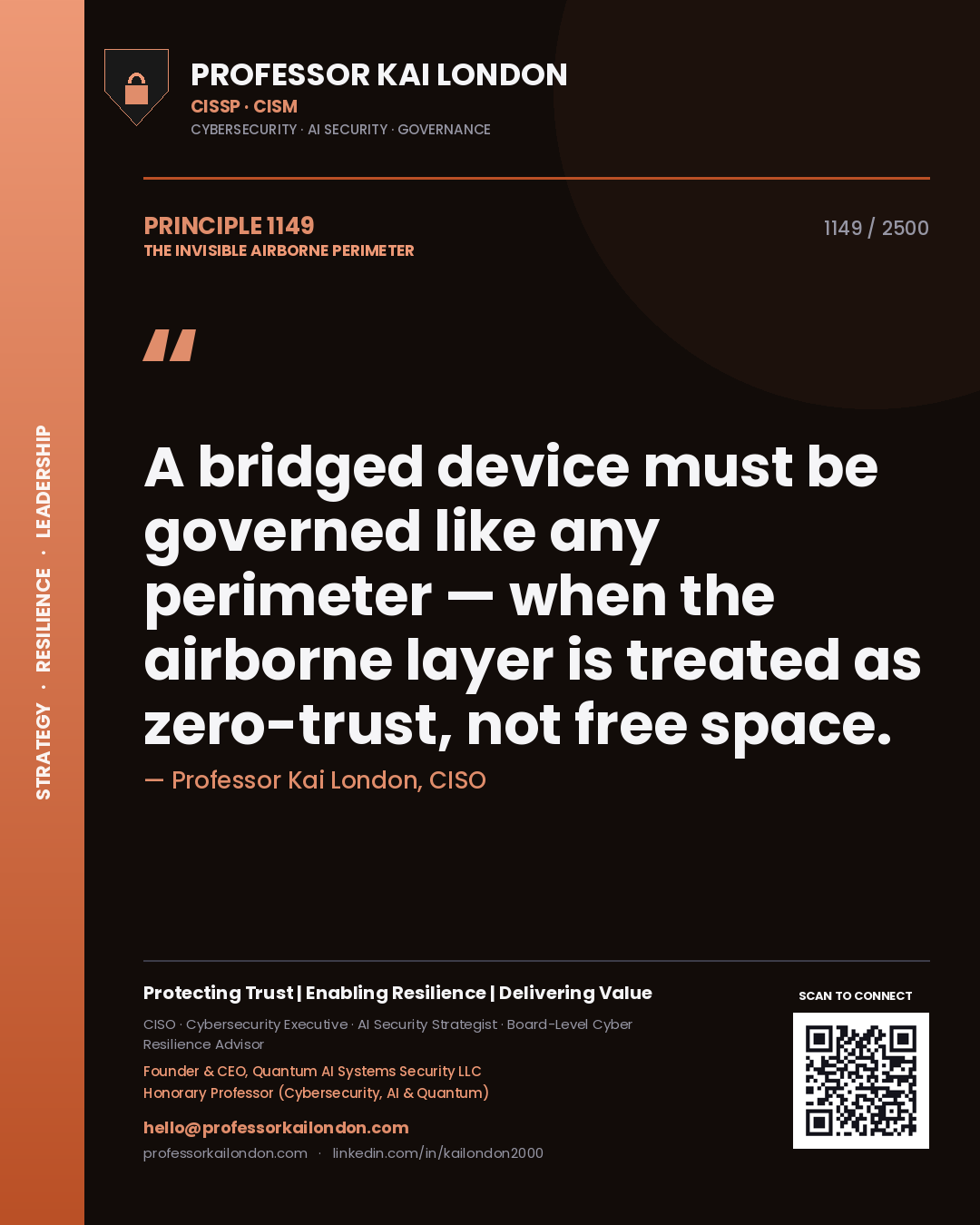 Quote card by Professor Kai London reading 'A bridged device must be governed like any perimeter — when the airborne layer is treated as zero-trust, not free space.'. From the book The Invisible Airborne Perimeter.