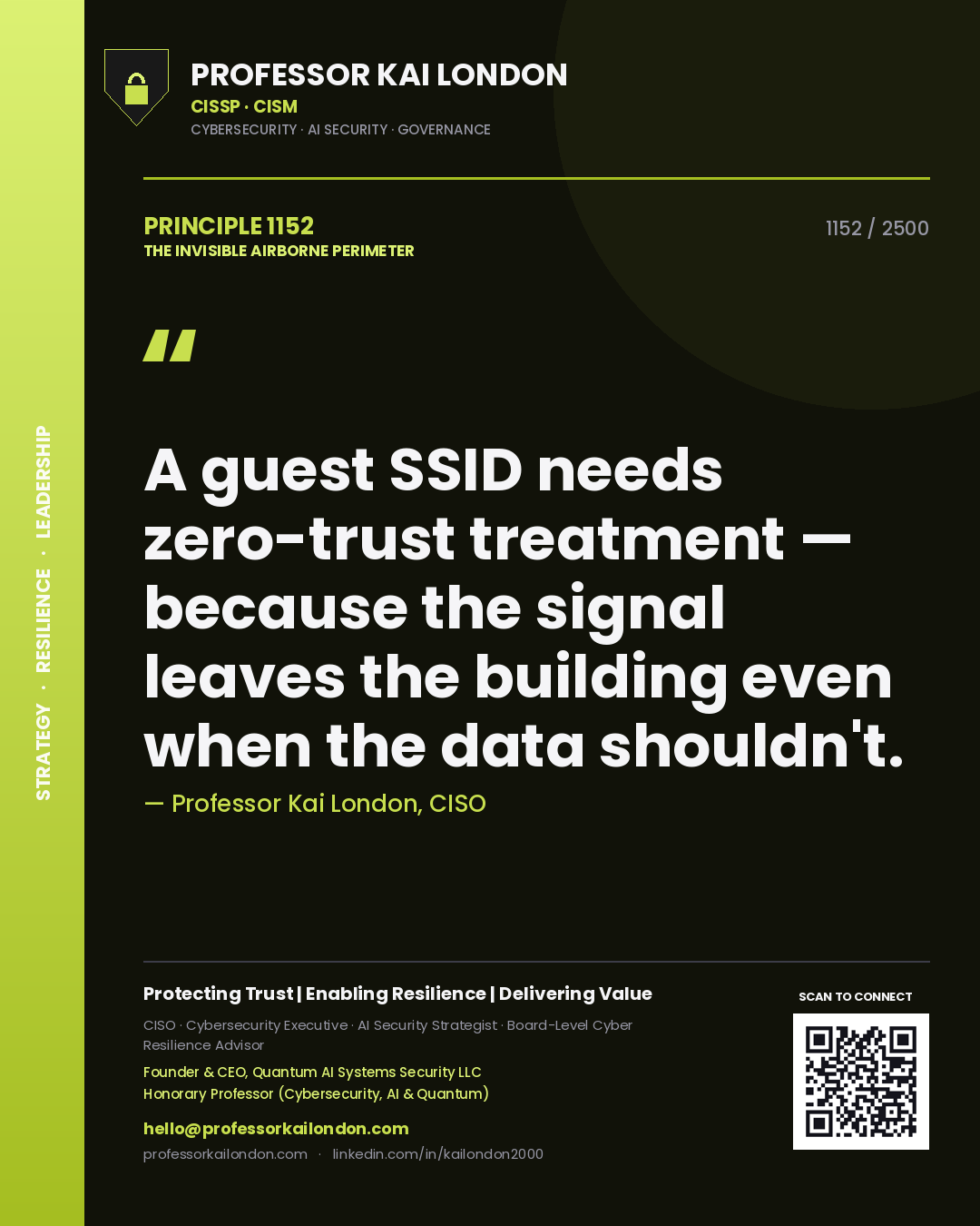 Quote card by Professor Kai London reading 'A guest SSID needs zero-trust treatment — because the signal leaves the building even when the data shouldn't.'. From the book The Invisible Airborne Perimeter.