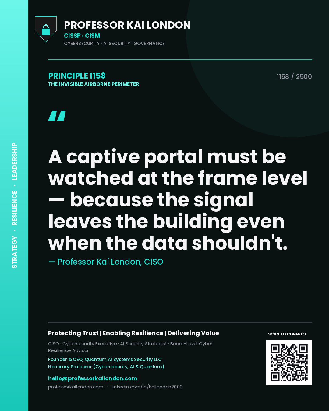 Quote card by Professor Kai London reading 'A captive portal must be watched at the frame level — because the signal leaves the building even when the data shouldn't.'. From the book The Invisible Airborne Perimeter.
