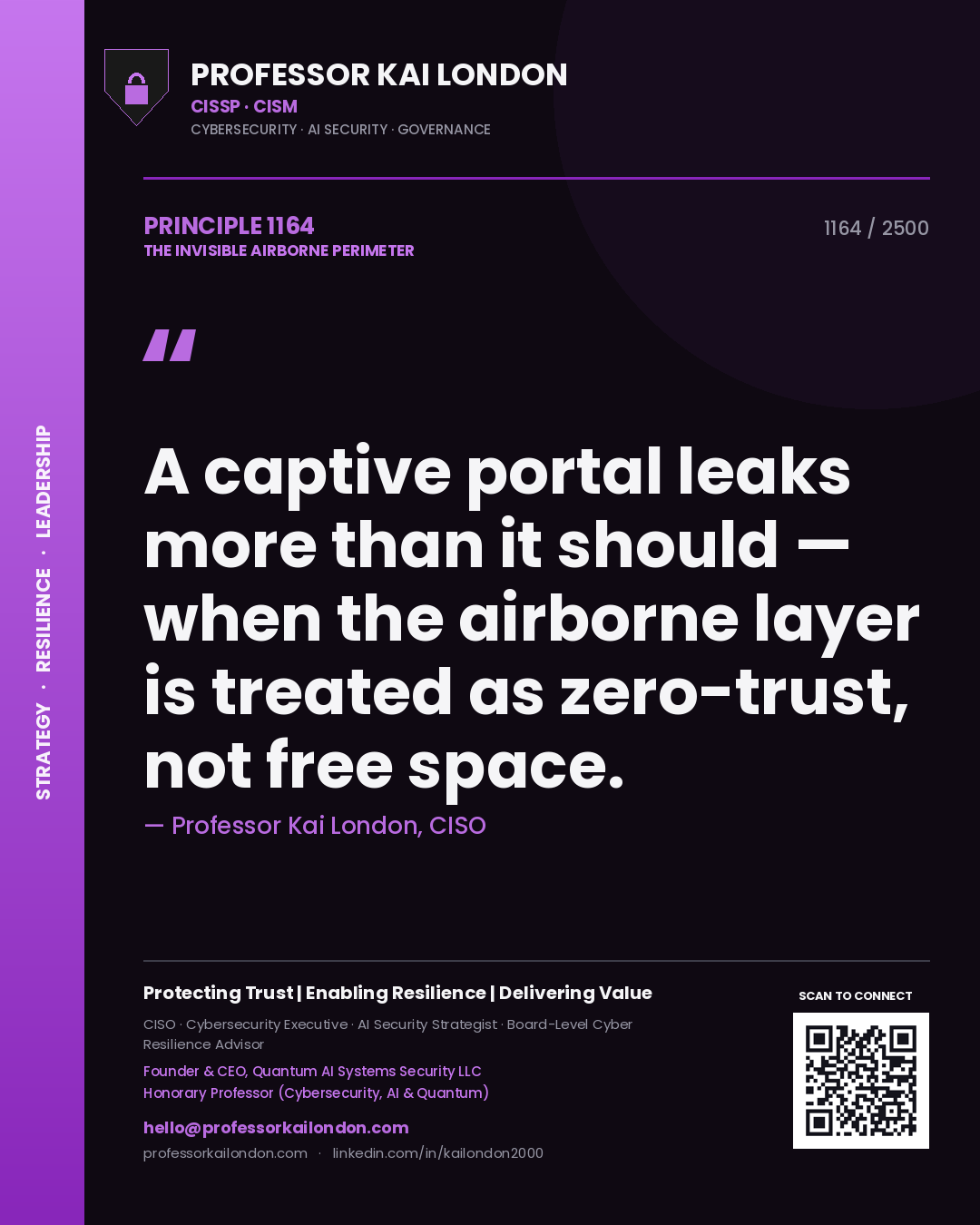 Quote card by Professor Kai London reading 'A captive portal leaks more than it should — when the airborne layer is treated as zero-trust, not free space.'. From the book The Invisible Airborne Perimeter.