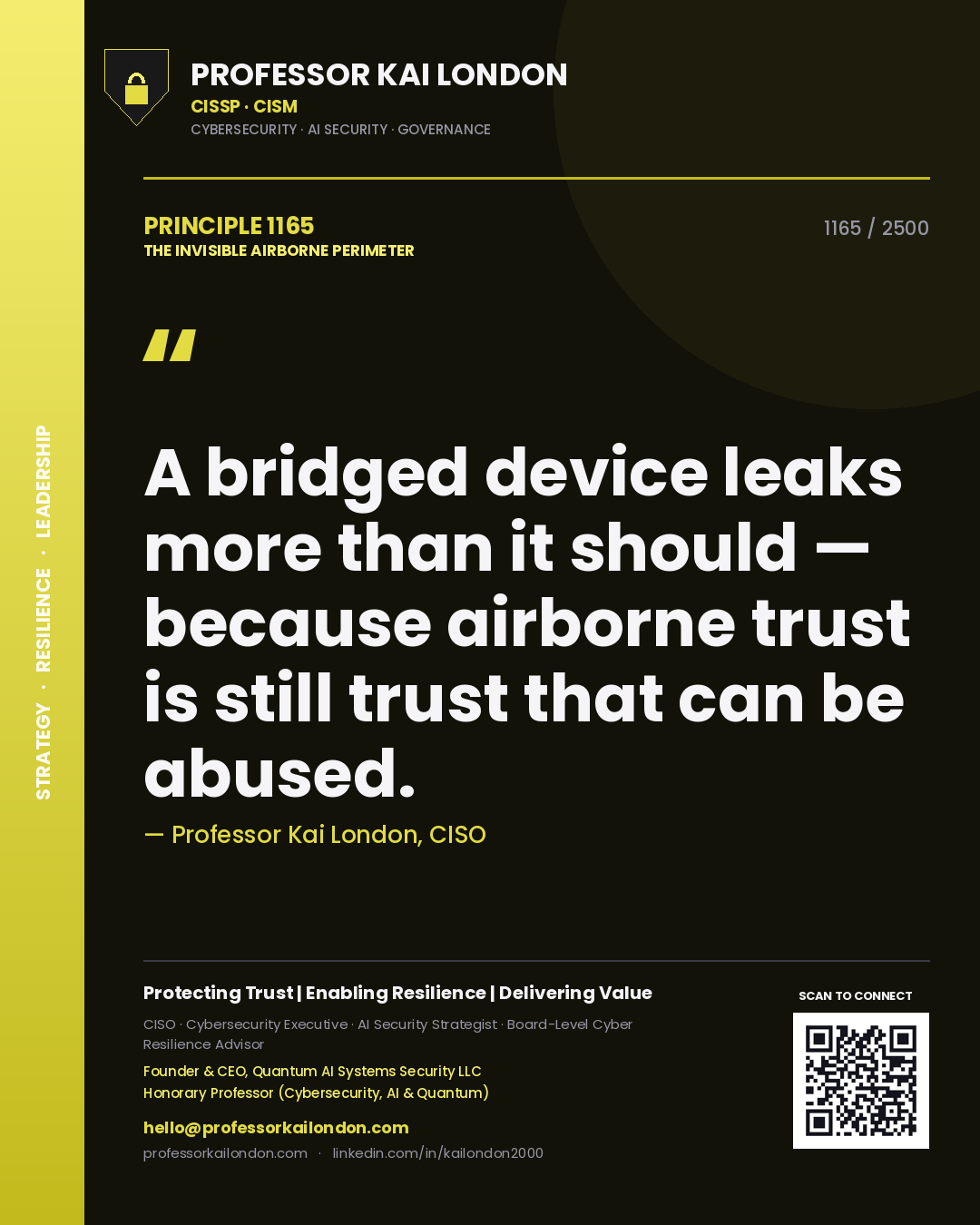Quote card by Professor Kai London reading 'A bridged device leaks more than it should — because airborne trust is still trust that can be abused.'. From the book The Invisible Airborne Perimeter.