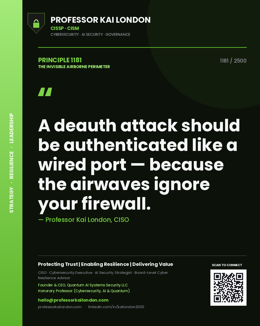 Quote card by Professor Kai London reading 'A deauth attack should be authenticated like a wired port — because the airwaves ignore your firewall.'. From the book The Invisible Airborne Perimeter.