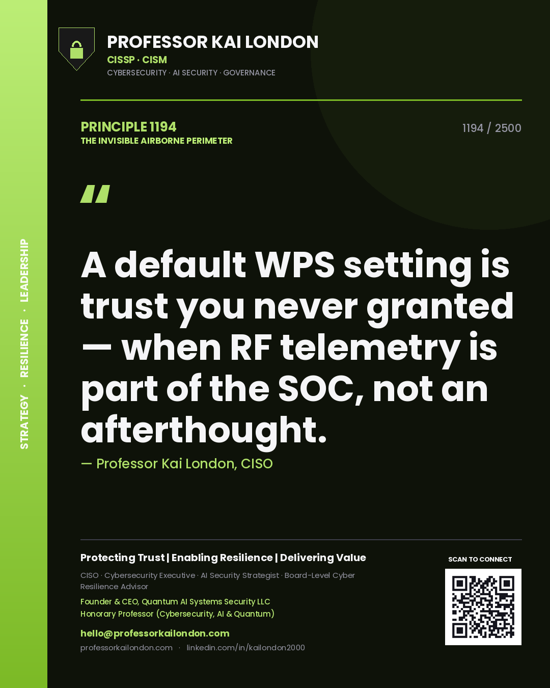 Quote card by Professor Kai London reading 'A default WPS setting is trust you never granted — when RF telemetry is part of the SOC, not an afterthought.'. From the book The Invisible Airborne Perimeter.