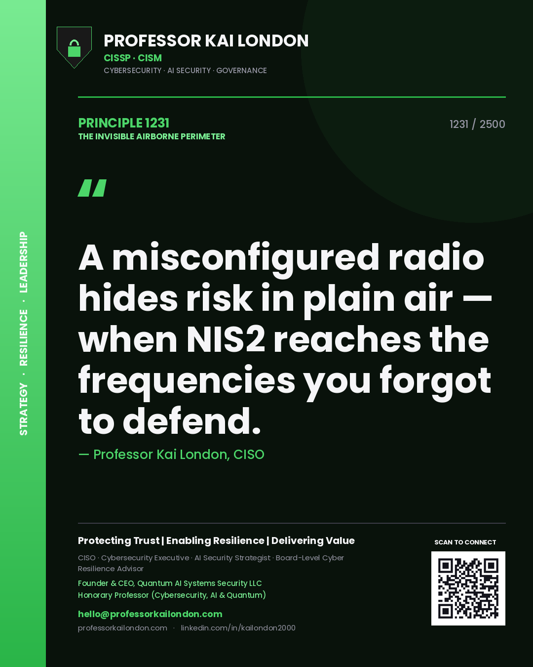 Professor Kai London principle 1231: A misconfigured radio hides risk in plain air — when NIS2 reaches the frequencies you forgot to defend.
