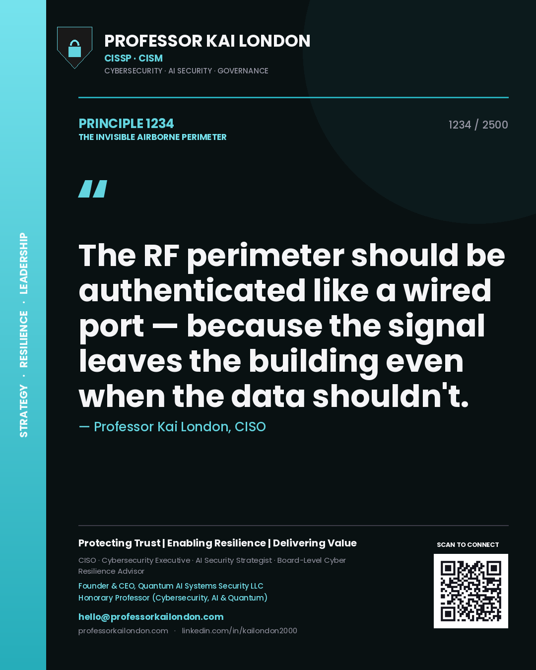 Professor Kai London principle 1234: The RF perimeter should be authenticated like a wired port — because the signal leaves the building even when the data shouldn't.