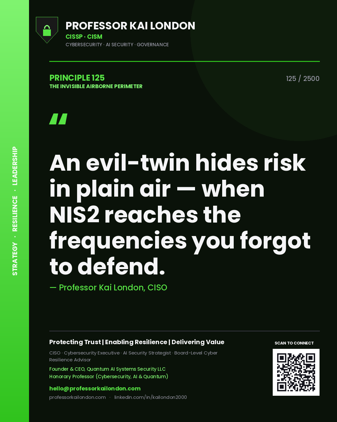 Quote card by Professor Kai London reading 'An evil-twin hides risk in plain air — when NIS2 reaches the frequencies you forgot to defend.'. From the book The Invisible Airborne Perimeter.