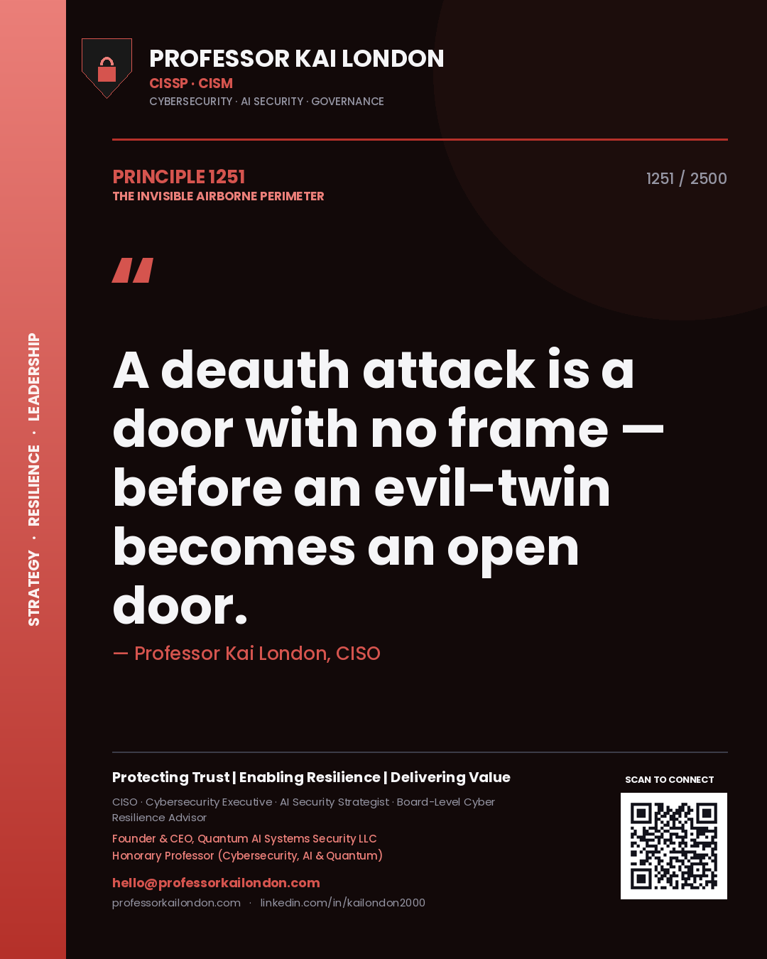 Professor Kai London principle 1251: A deauth attack is a door with no frame — before an evil-twin becomes an open door.