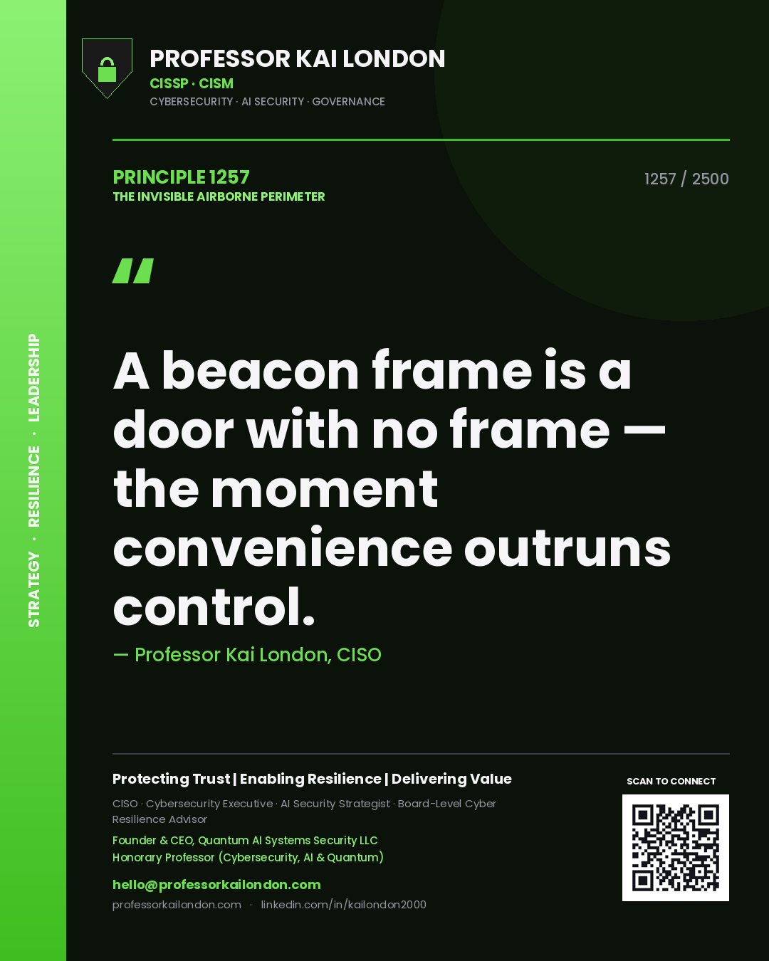 Professor Kai London principle 1257: A beacon frame is a door with no frame — the moment convenience outruns control.
