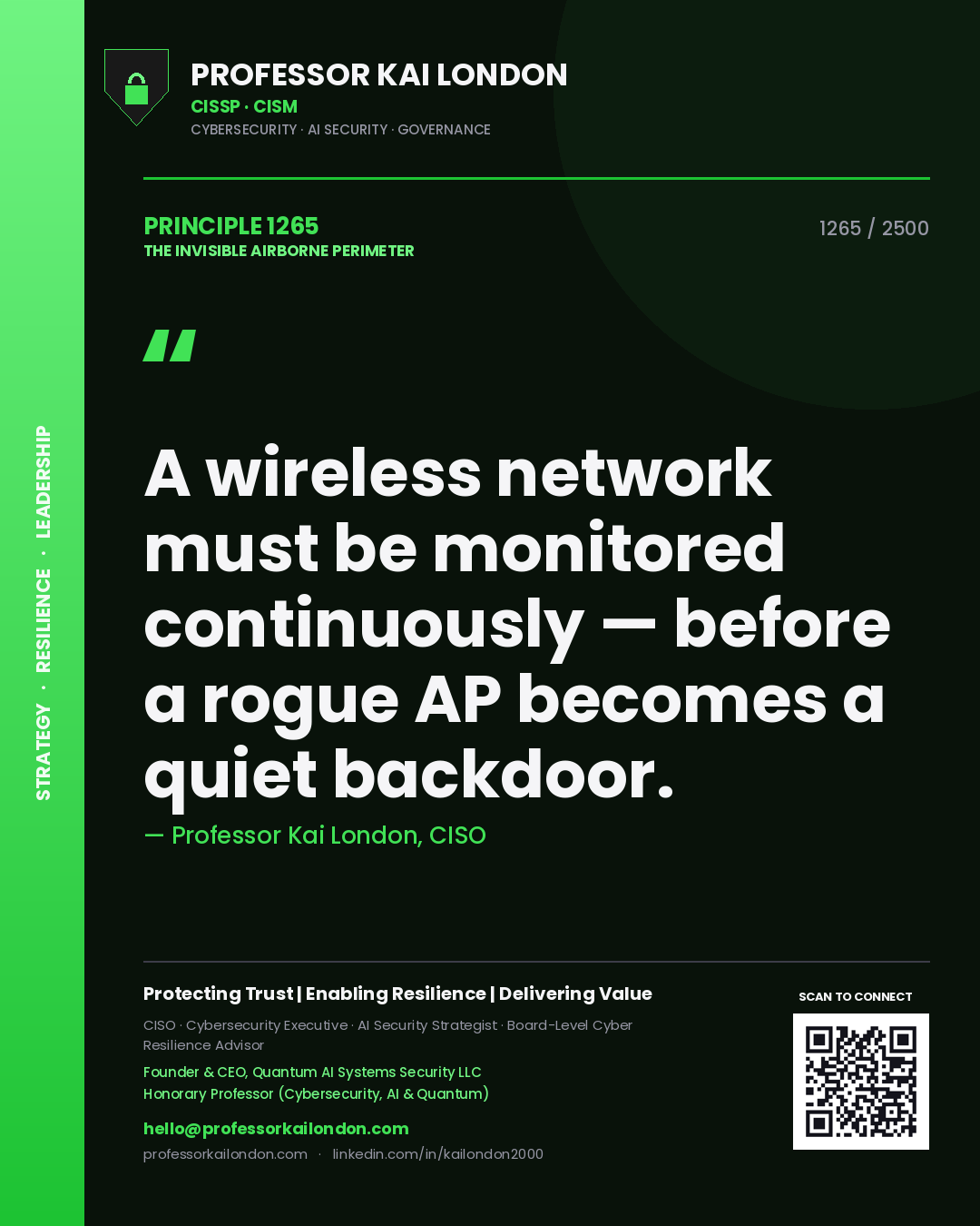 Professor Kai London principle 1265: A wireless network must be monitored continuously — before a rogue AP becomes a quiet backdoor.