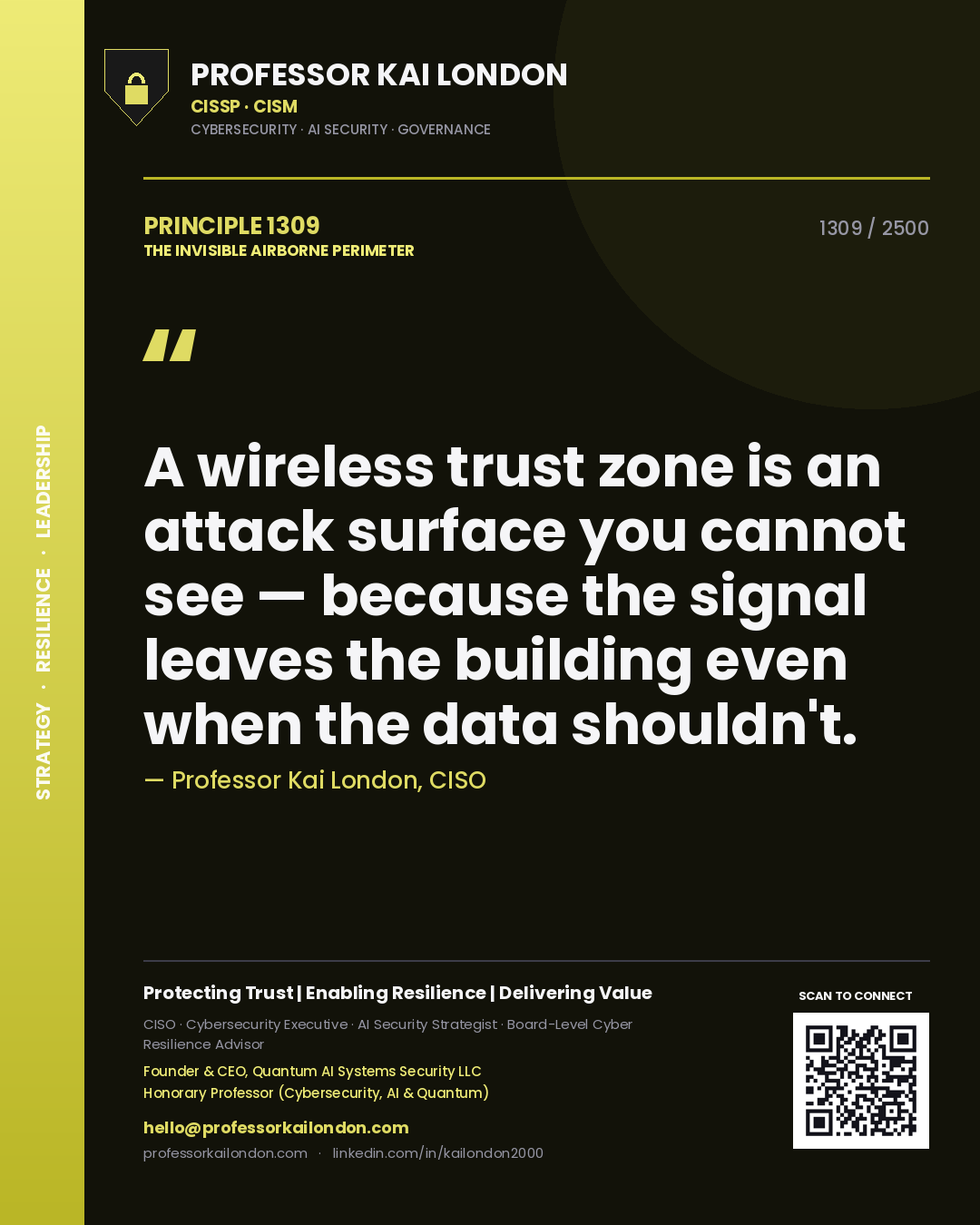 Quote card by Professor Kai London reading 'A wireless trust zone is an attack surface you cannot see — because the signal leaves the building even when the data shouldn't.'. From the book The Invisible Airborne Perimeter.