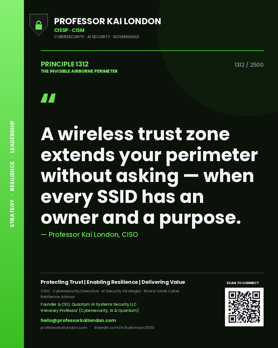 Quote card by Professor Kai London reading 'A wireless trust zone extends your perimeter without asking — when every SSID has an owner and a purpose.'. From the book The Invisible Airborne Perimeter.
