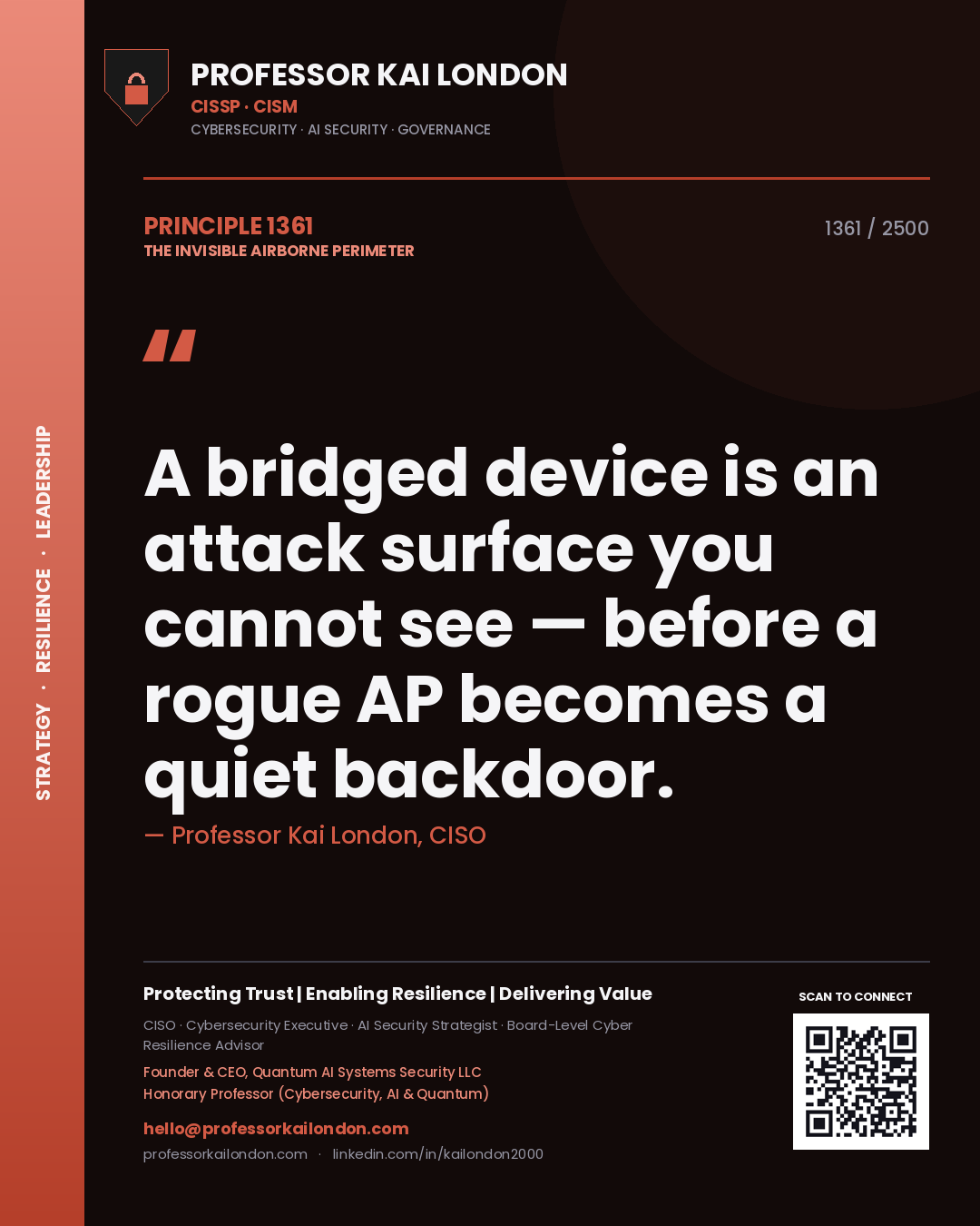 Quote card by Professor Kai London reading 'A bridged device is an attack surface you cannot see — before a rogue AP becomes a quiet backdoor.'. From the book The Invisible Airborne Perimeter.