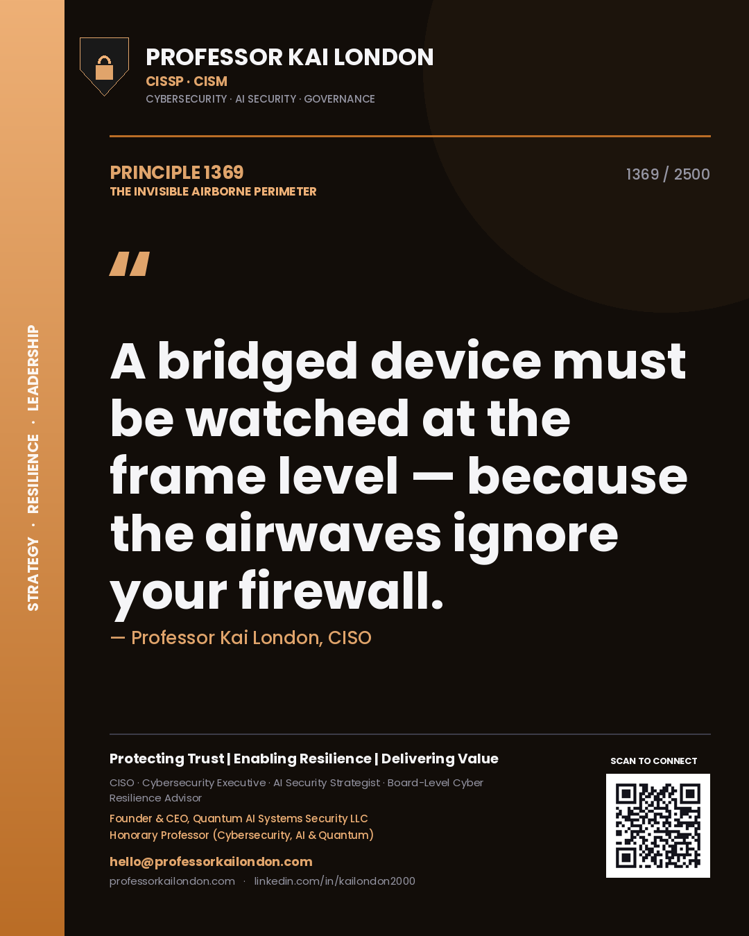 Quote card by Professor Kai London reading 'A bridged device must be watched at the frame level — because the airwaves ignore your firewall.'. From the book The Invisible Airborne Perimeter.
