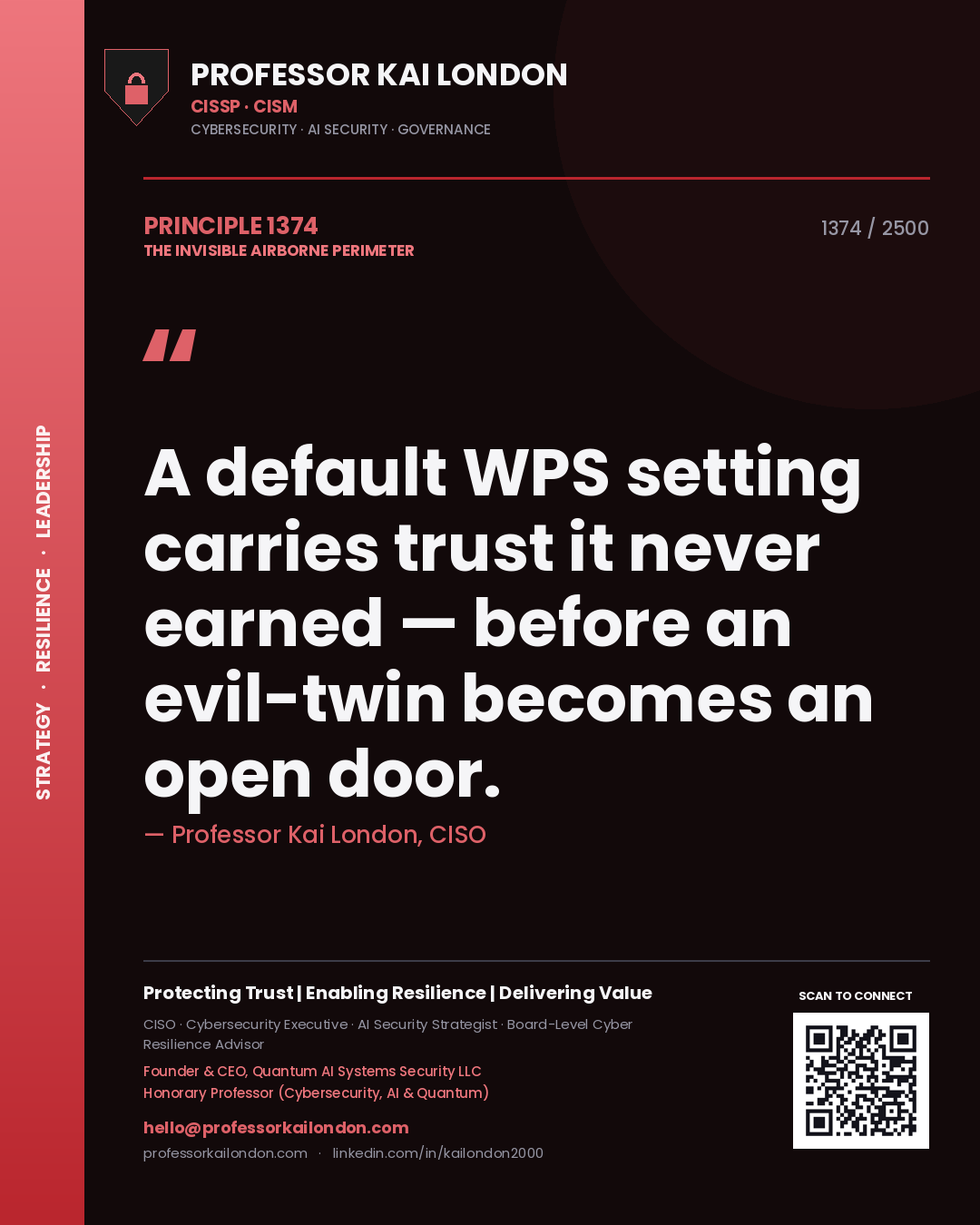 Quote card by Professor Kai London reading 'A default WPS setting carries trust it never earned — before an evil-twin becomes an open door.'. From the book The Invisible Airborne Perimeter.