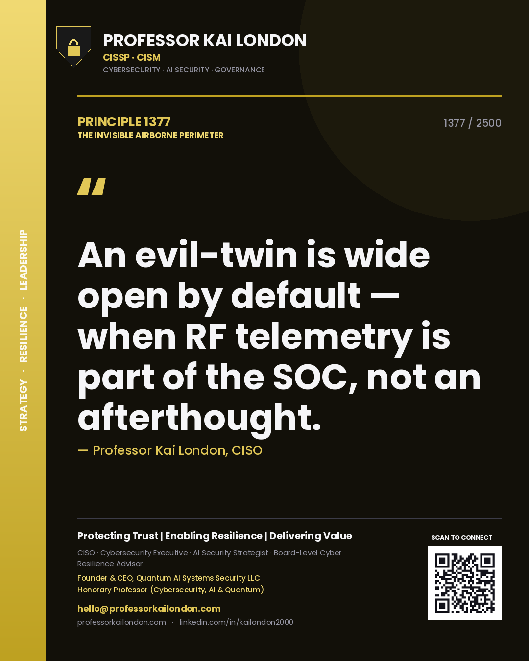 Quote card by Professor Kai London reading 'An evil-twin is wide open by default — when RF telemetry is part of the SOC, not an afterthought.'. From the book The Invisible Airborne Perimeter.