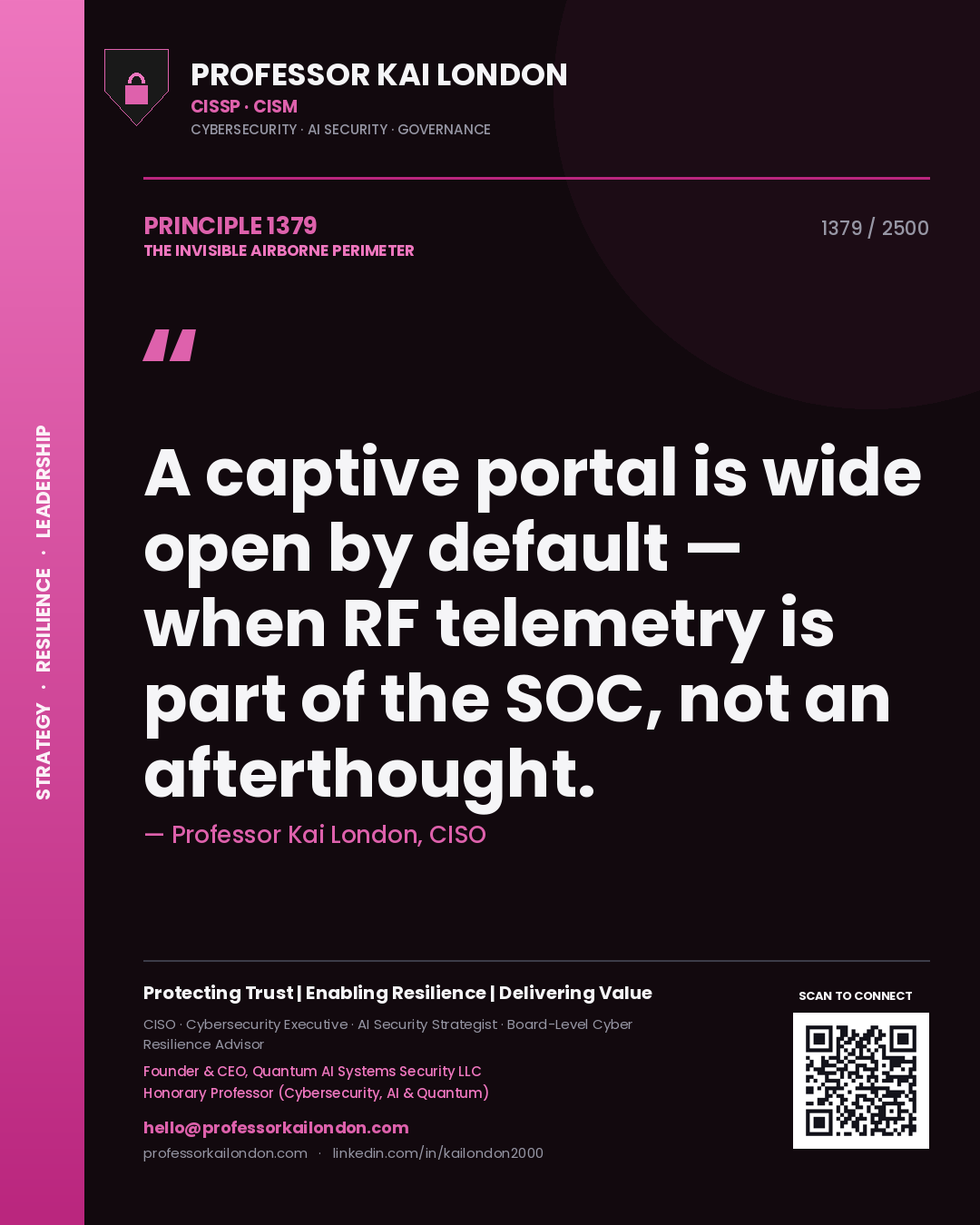 Quote card by Professor Kai London reading 'A captive portal is wide open by default — when RF telemetry is part of the SOC, not an afterthought.'. From the book The Invisible Airborne Perimeter.