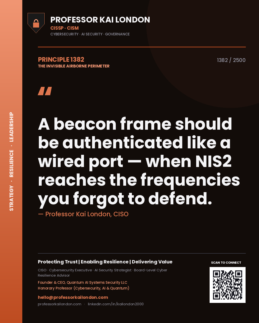 Professor Kai London principle 1382: A beacon frame should be authenticated like a wired port — when NIS2 reaches the frequencies you forgot to defend.