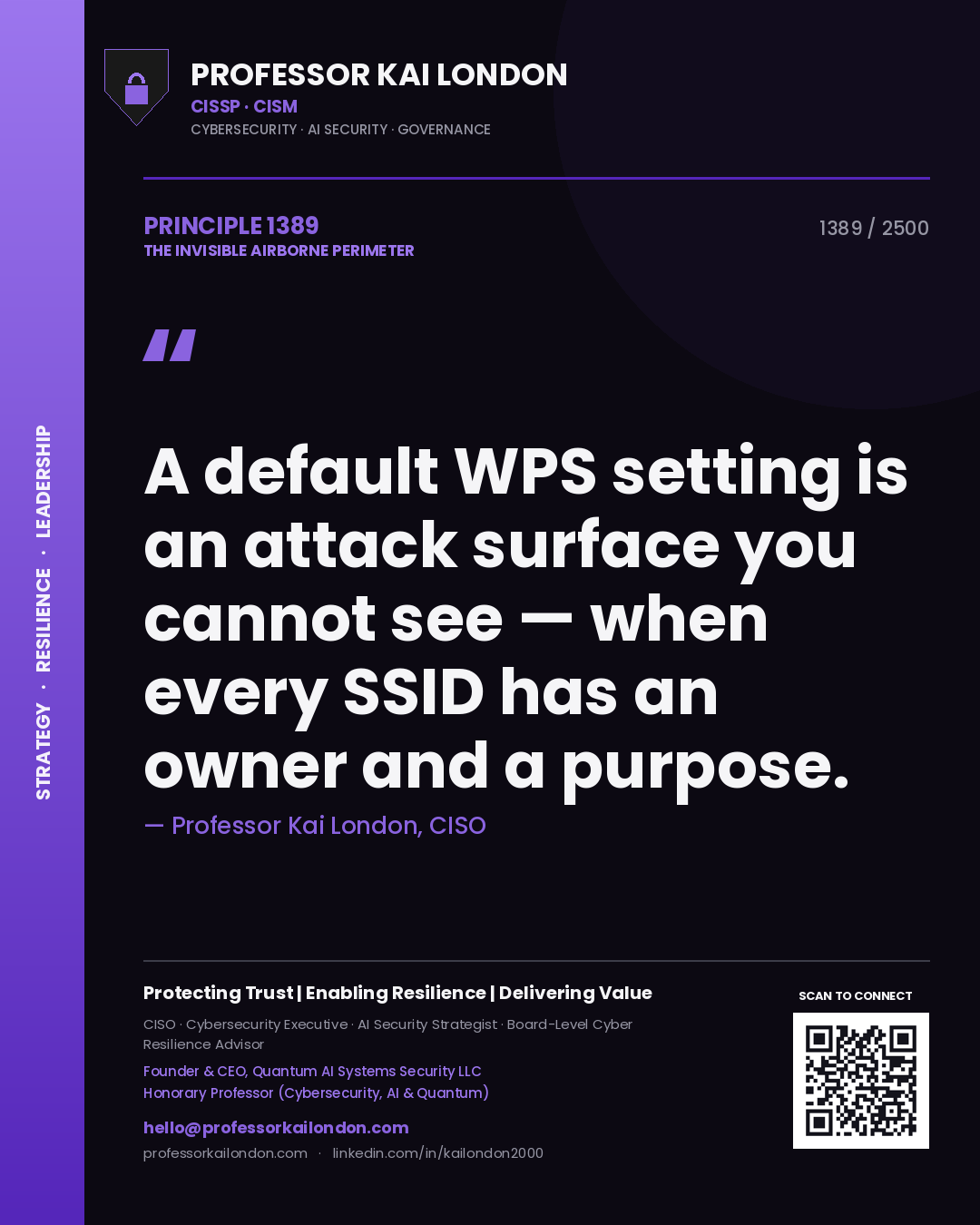 Professor Kai London principle 1389: A default WPS setting is an attack surface you cannot see — when every SSID has an owner and a purpose.
