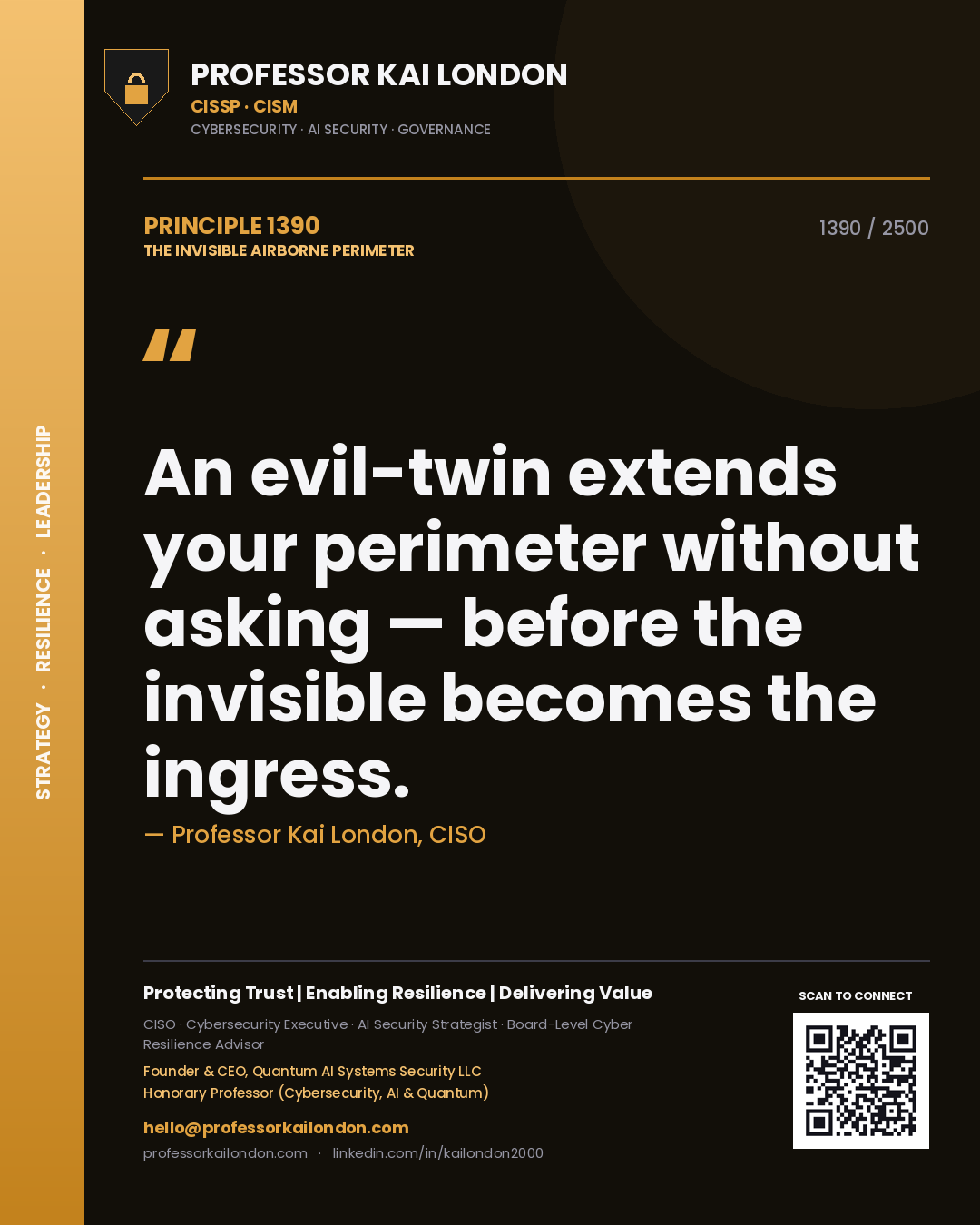 Quote card by Professor Kai London reading 'An evil-twin extends your perimeter without asking — before the invisible becomes the ingress.'. From the book The Invisible Airborne Perimeter.