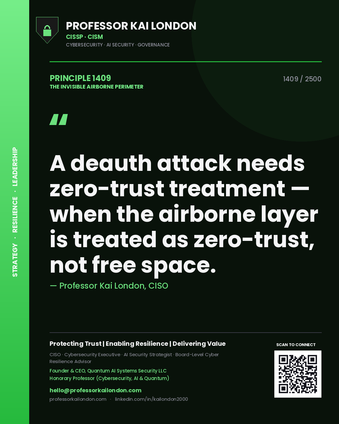Quote card by Professor Kai London reading 'A deauth attack needs zero-trust treatment — when the airborne layer is treated as zero-trust, not free space.'. From the book The Invisible Airborne Perimeter.
