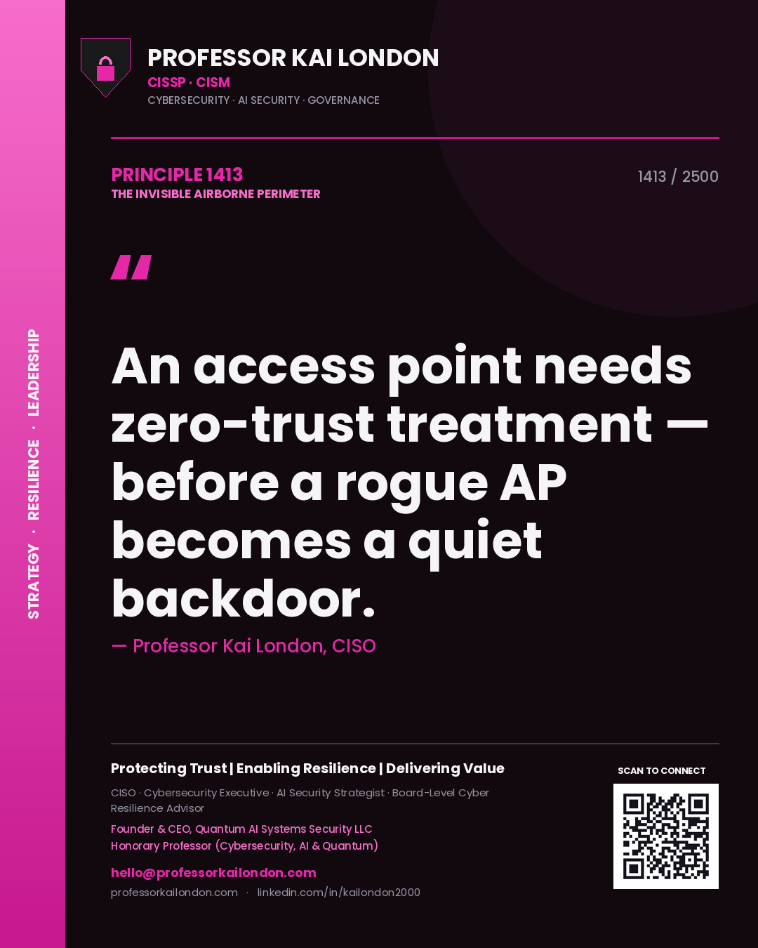Quote card by Professor Kai London reading 'An access point needs zero-trust treatment — before a rogue AP becomes a quiet backdoor.'. From the book The Invisible Airborne Perimeter.