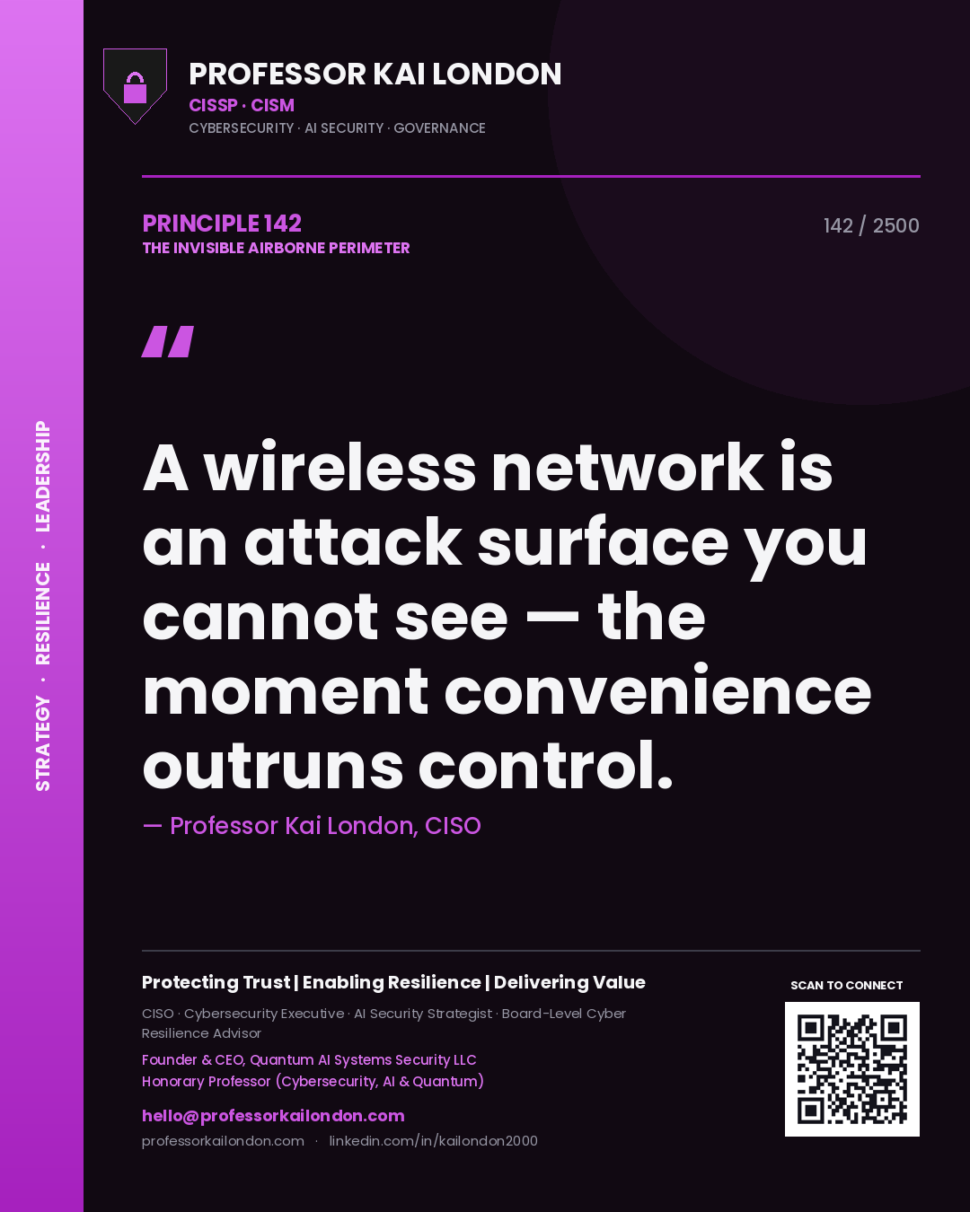Quote card by Professor Kai London reading 'A wireless network is an attack surface you cannot see — the moment convenience outruns control.'. From the book The Invisible Airborne Perimeter.