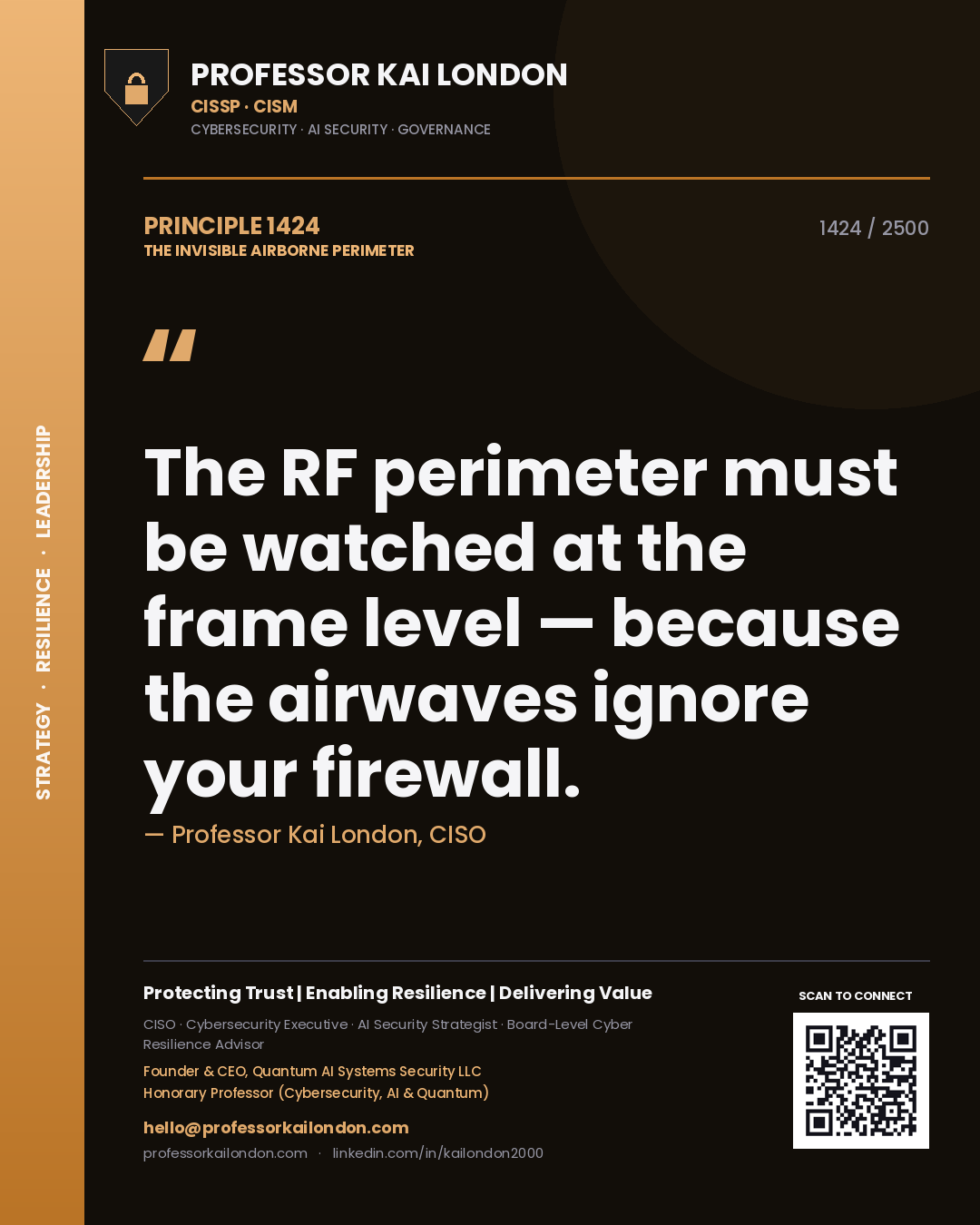 Quote card by Professor Kai London reading 'The RF perimeter must be watched at the frame level — because the airwaves ignore your firewall.'. From the book The Invisible Airborne Perimeter.