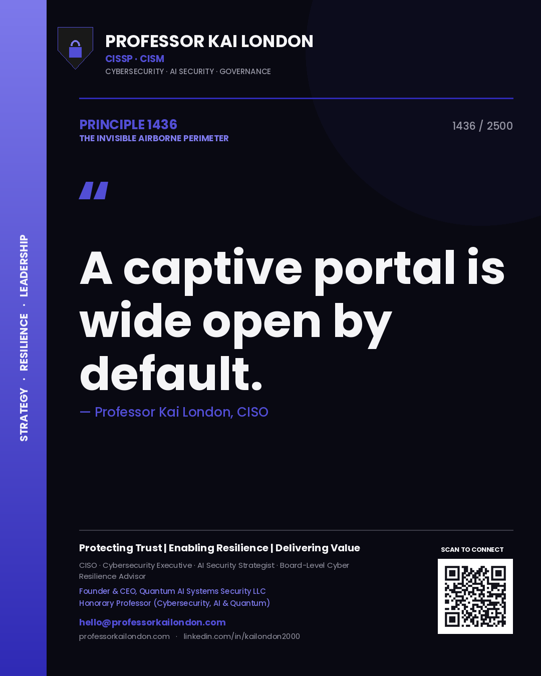Quote card by Professor Kai London reading 'A captive portal is wide open by default.'. From the book The Invisible Airborne Perimeter.