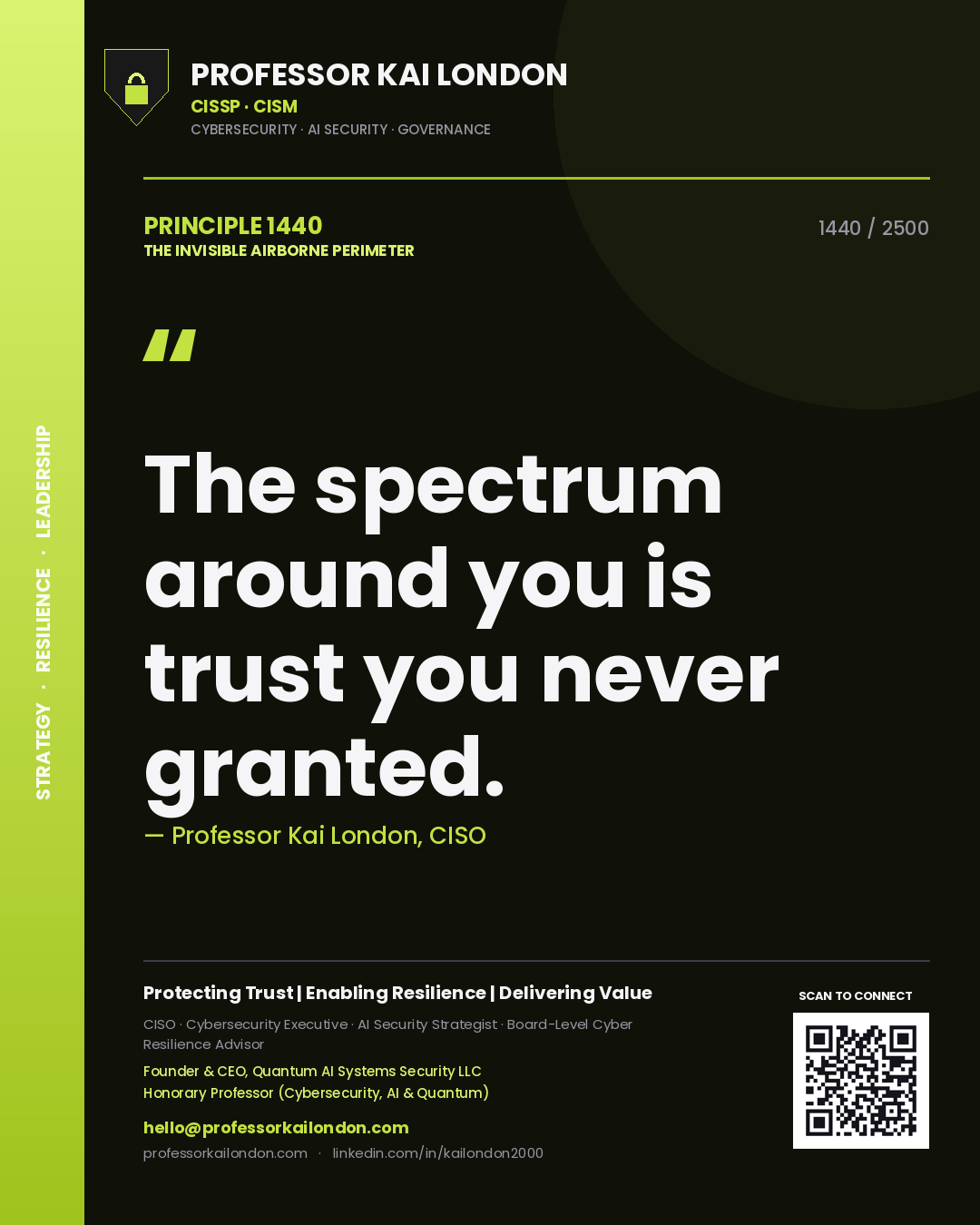 Quote card by Professor Kai London reading 'The spectrum around you is trust you never granted.'. From the book The Invisible Airborne Perimeter.