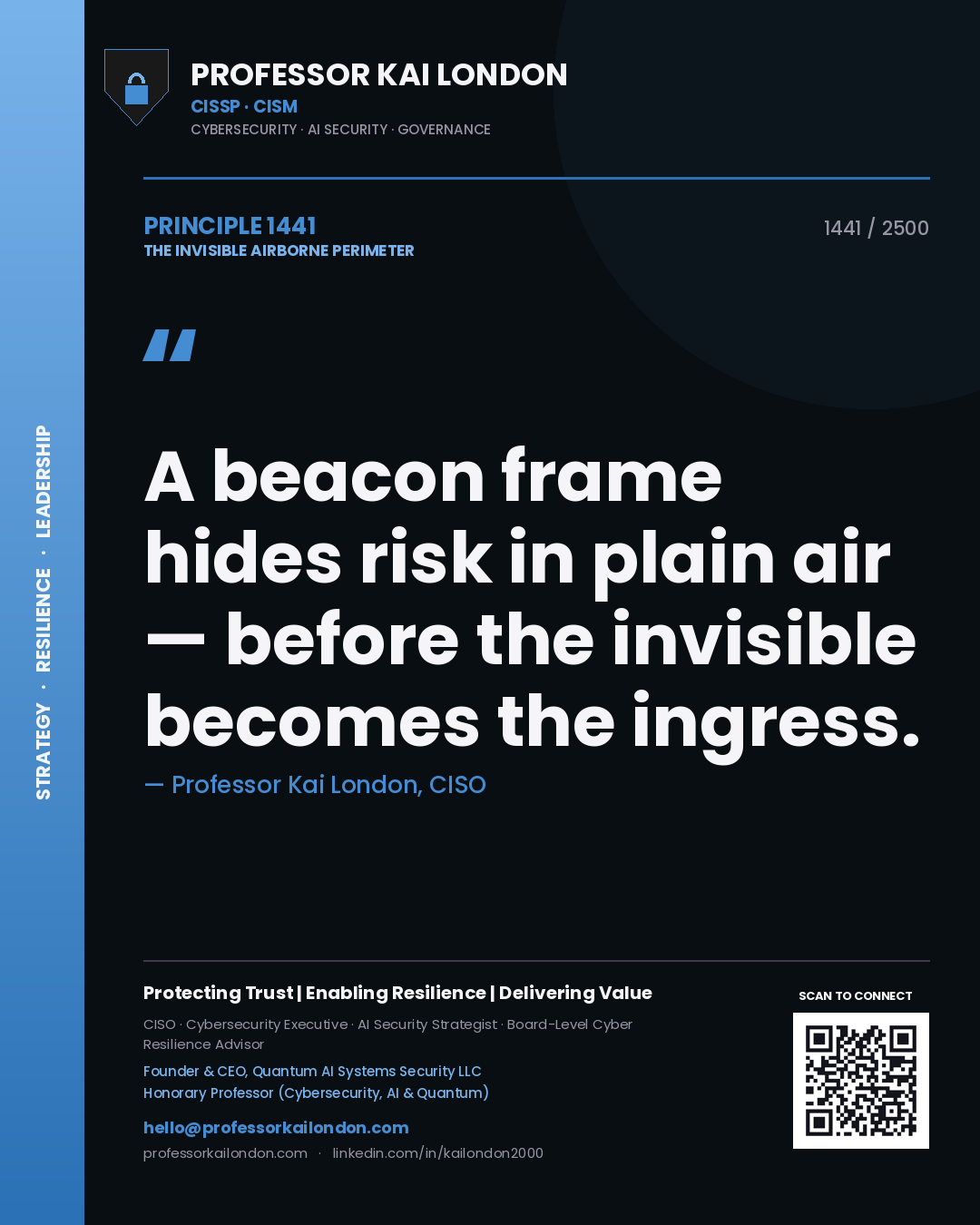 Quote card by Professor Kai London reading 'A beacon frame hides risk in plain air — before the invisible becomes the ingress.'. From the book The Invisible Airborne Perimeter.