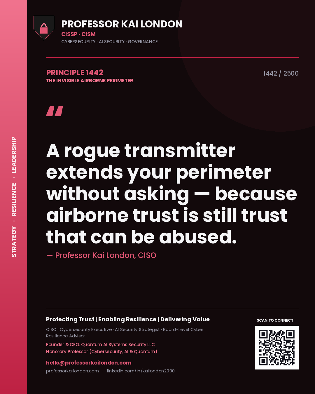 Professor Kai London principle 1442: A rogue transmitter extends your perimeter without asking — because airborne trust is still trust that can be abused.