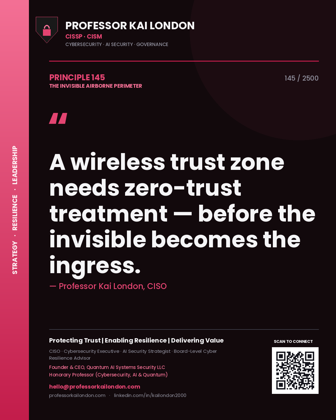 Quote card by Professor Kai London reading 'A wireless trust zone needs zero-trust treatment — before the invisible becomes the ingress.'. From the book The Invisible Airborne Perimeter.