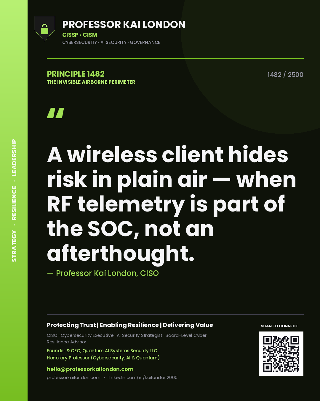 Quote card by Professor Kai London reading 'A wireless client hides risk in plain air — when RF telemetry is part of the SOC, not an afterthought.'. From the book The Invisible Airborne Perimeter.