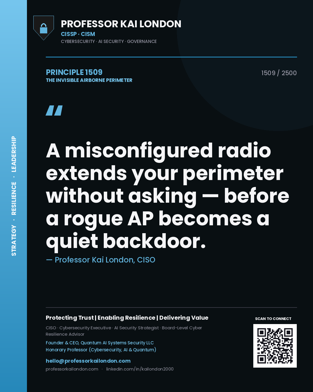 Quote card by Professor Kai London reading 'A misconfigured radio extends your perimeter without asking — before a rogue AP becomes a quiet backdoor.'. From the book The Invisible Airborne Perimeter.